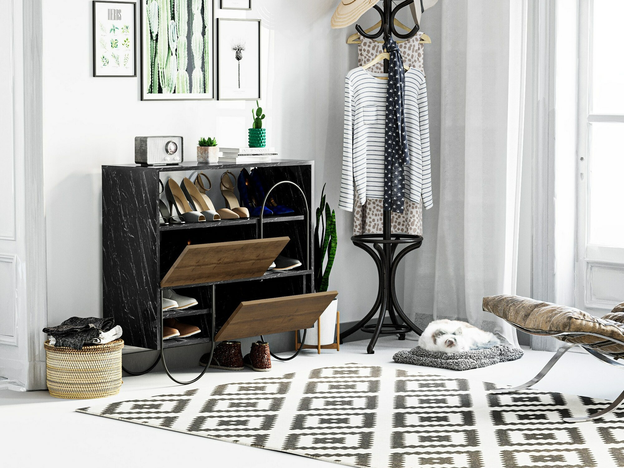 Estante para zapatos Kailua 2018 (Mármol negro + Madera oscura)