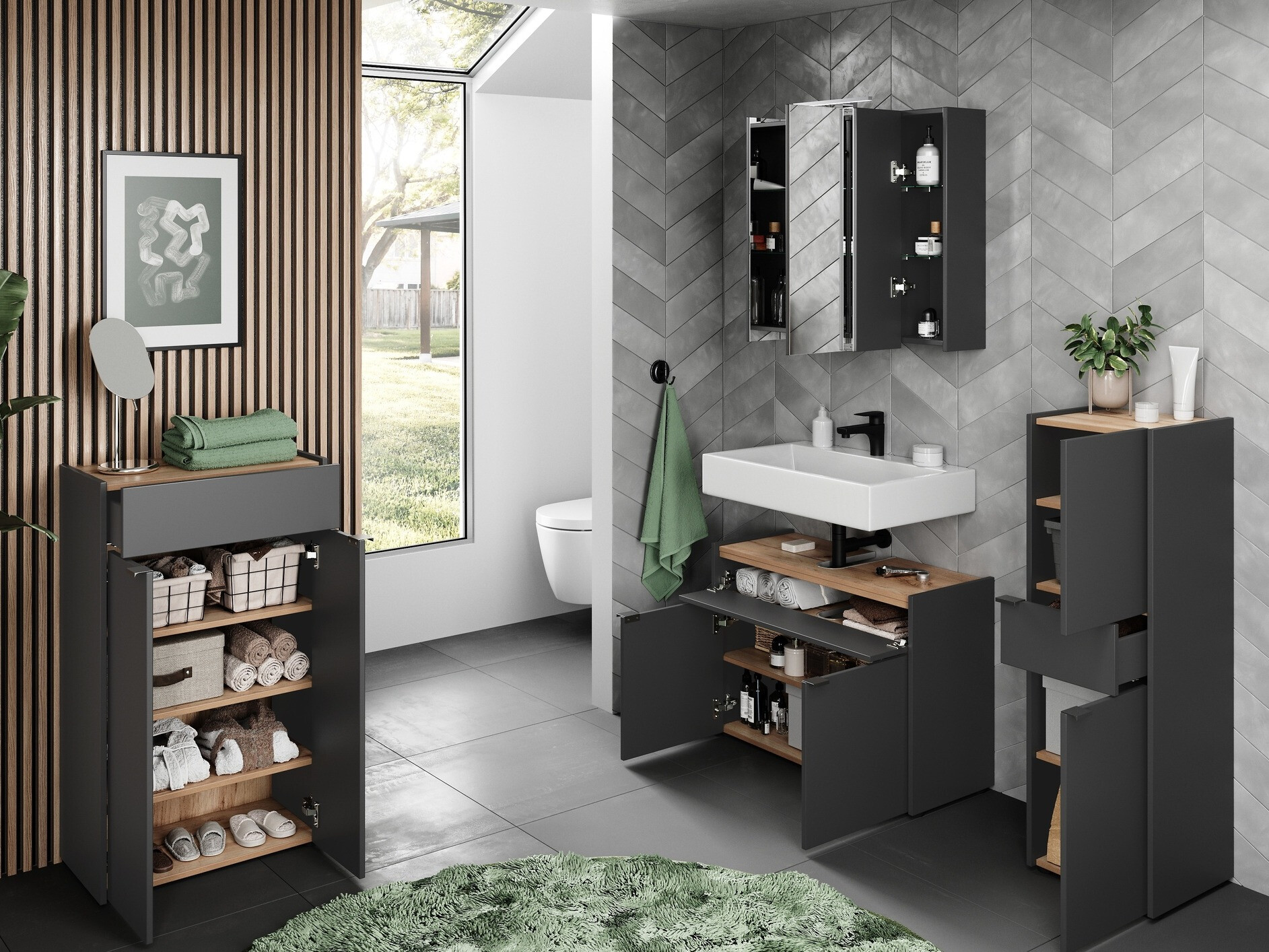 Conjunto de mueble de baño Ventei 109 (Grafito + Navarra roble)