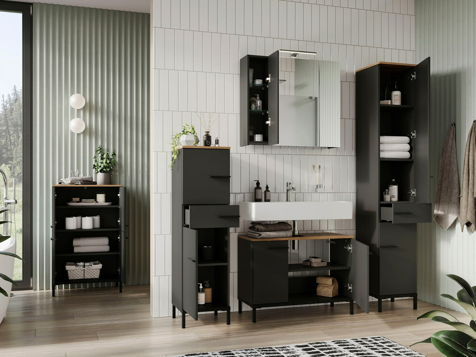 Conjunto de mueble de baño Ruvlevu 104 (Grafito + Navarra roble)