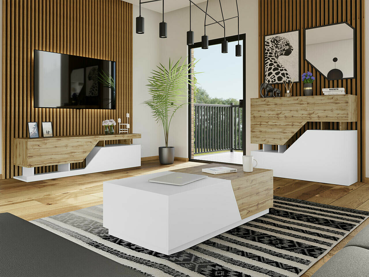 Conjunto de salón Comfivo Daldune I (Roble wotan + Blanco)