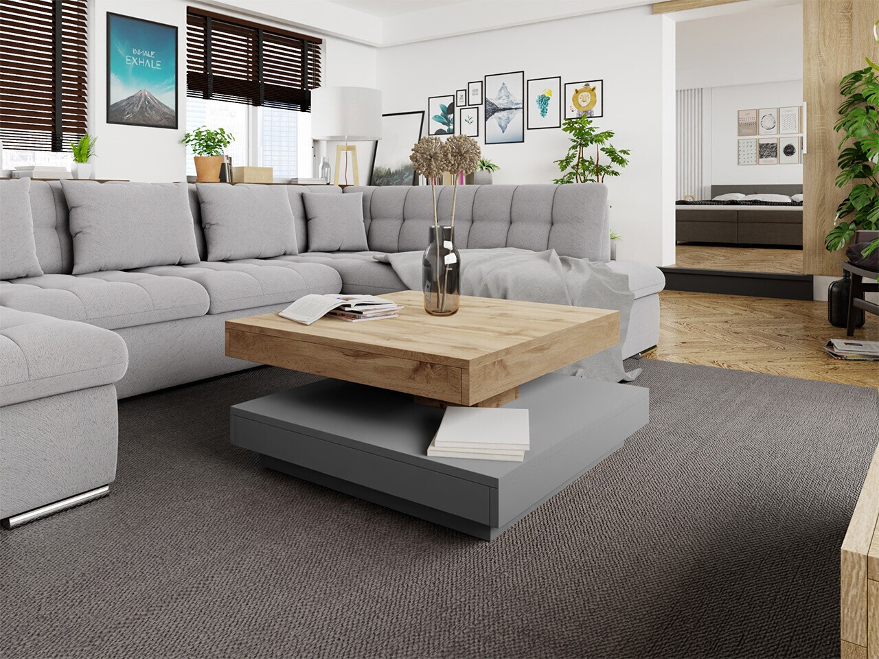 Mesa de centro convertible Comfivo Pisces (Grafito + Roble wotan)