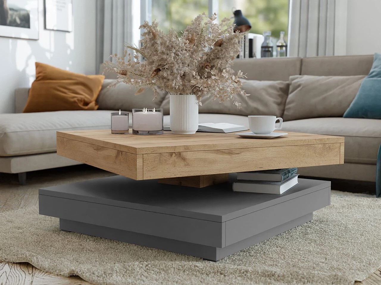 Mesa de centro convertible Comfivo Pisces (Grafito + Roble wotan)