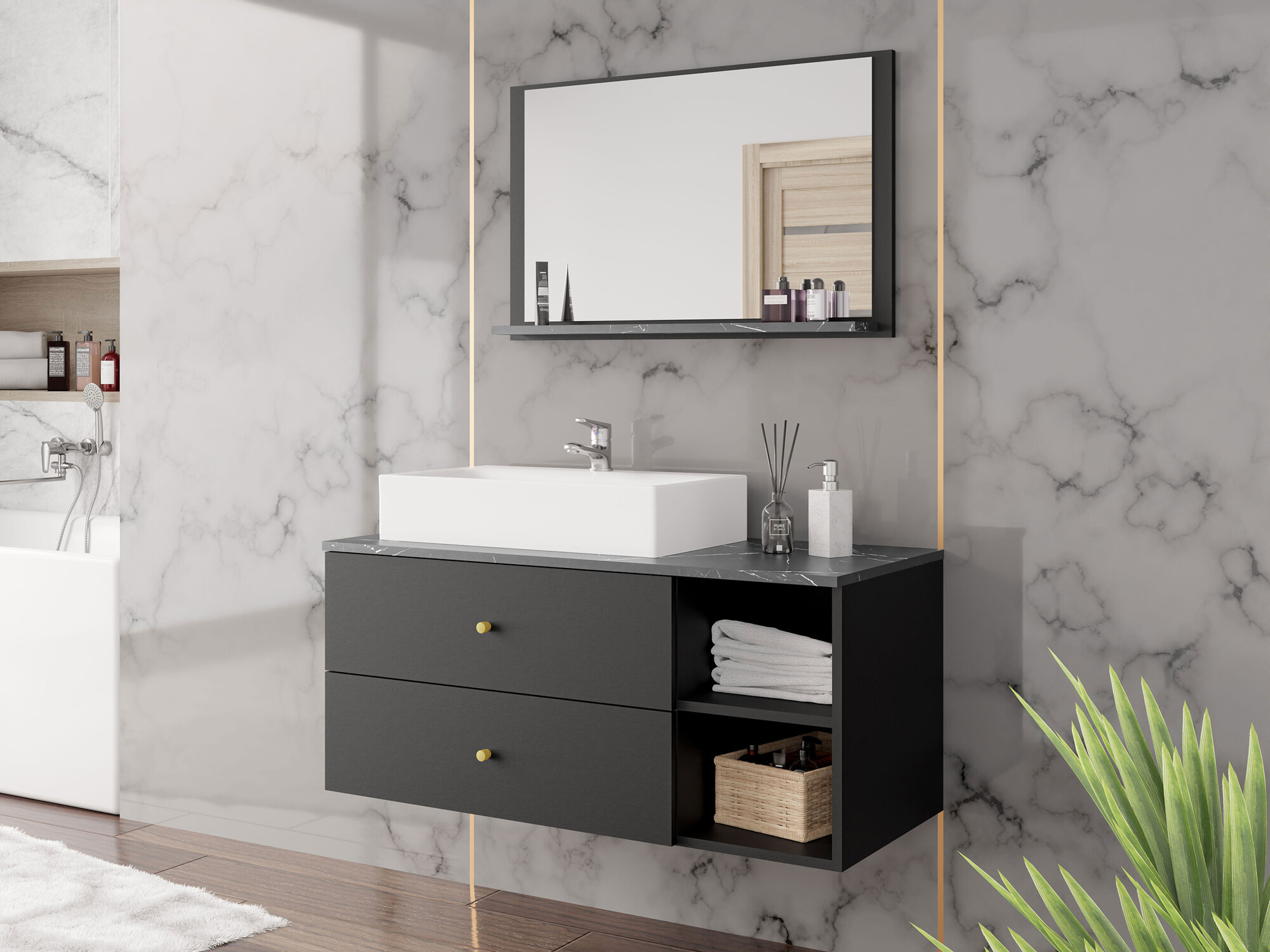 Conjunto de mueble de baño Ophruvi 100 (Negro + Mármol negro)