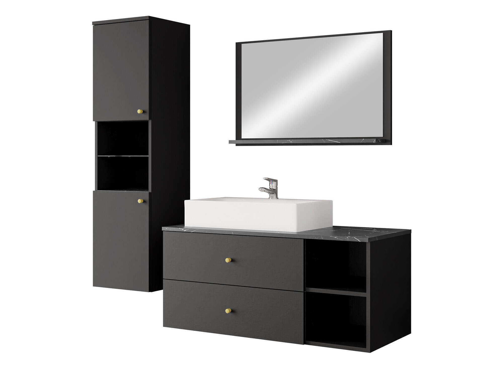 Conjunto de mueble de baño Ophruvi 101 (Negro + Mármol negro)