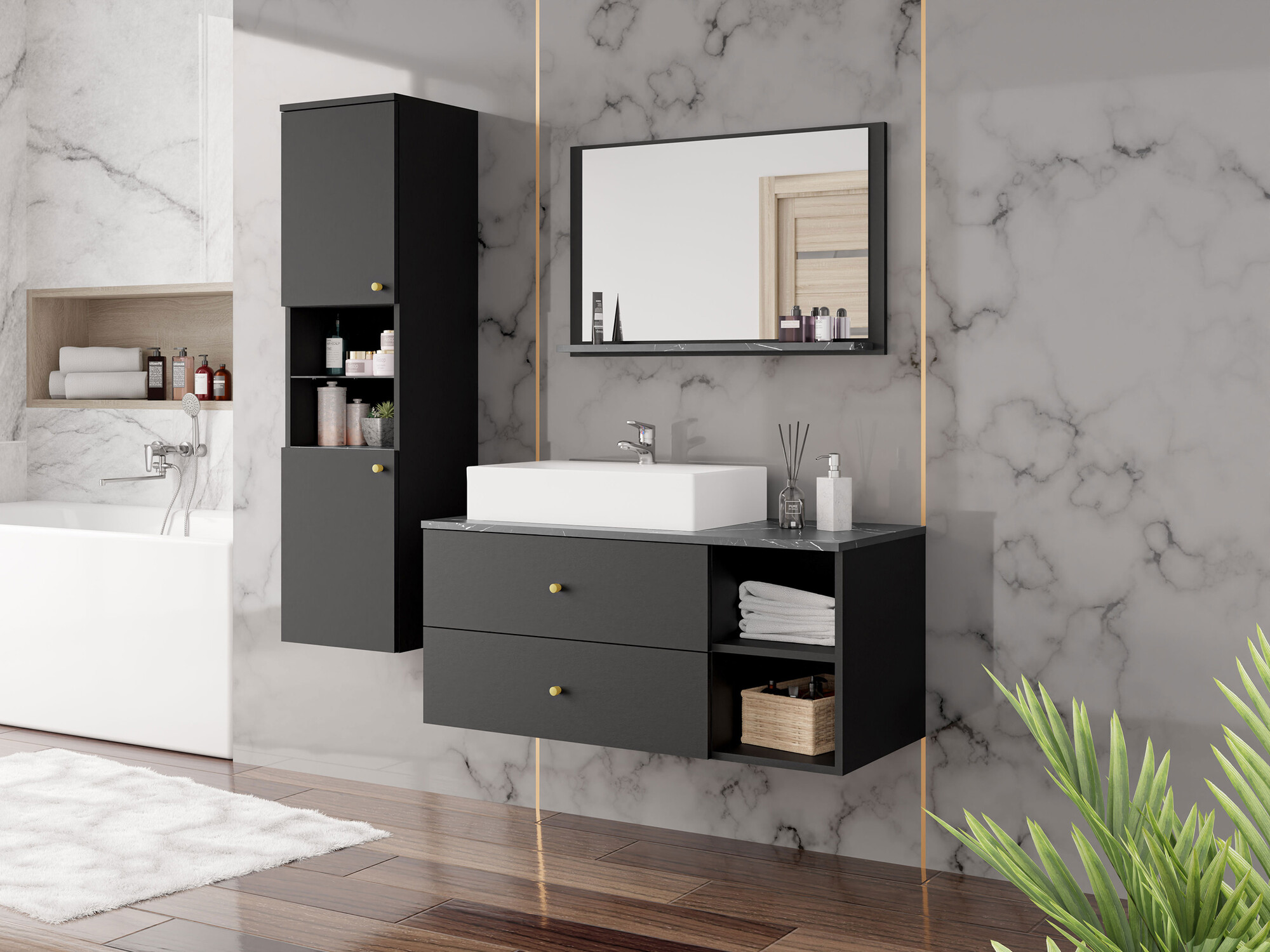 Conjunto de mueble de baño Salus II (Negro + Mármol negro)