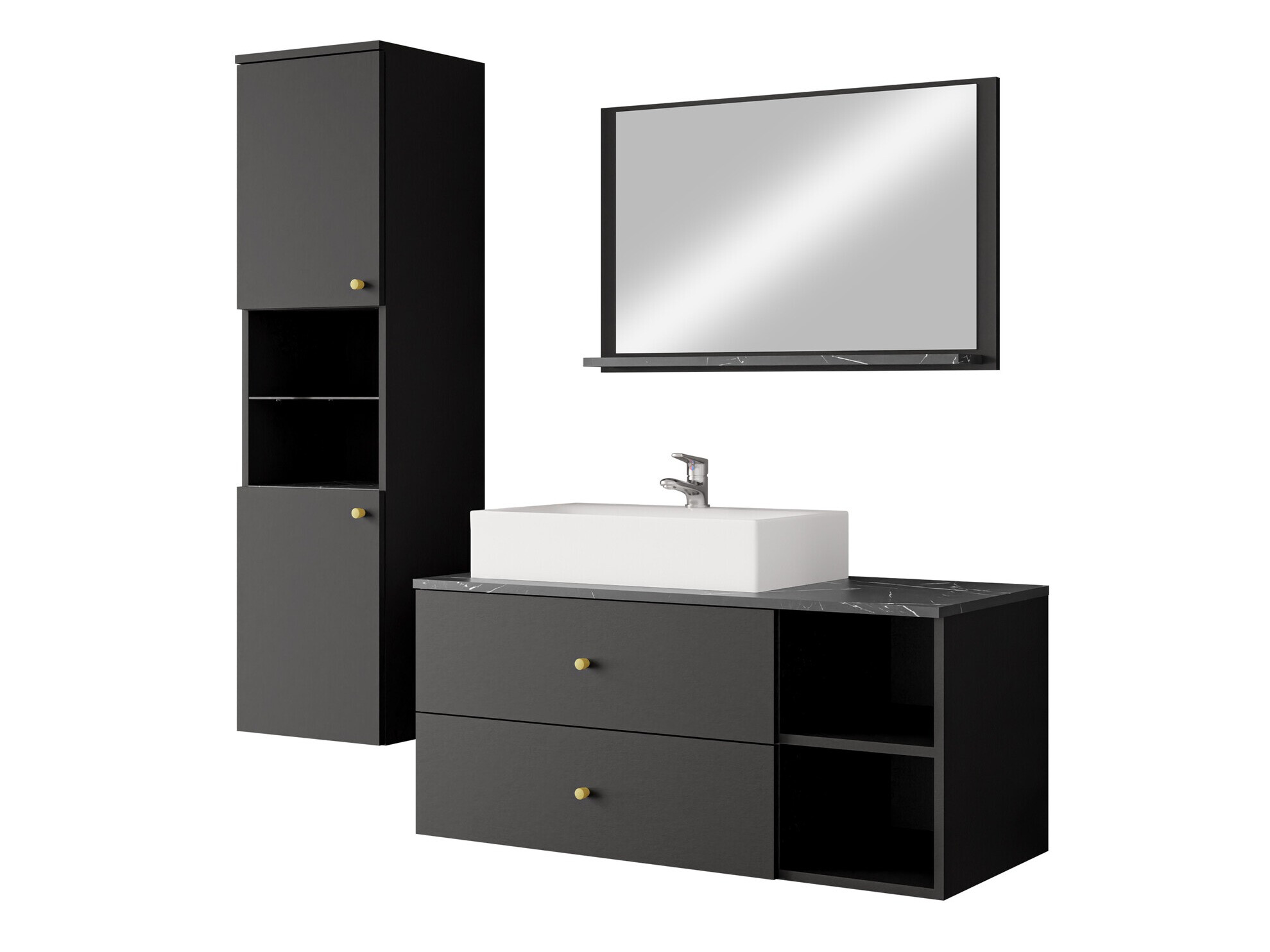 Conjunto de mueble de baño Salus II (Negro + Mármol negro)