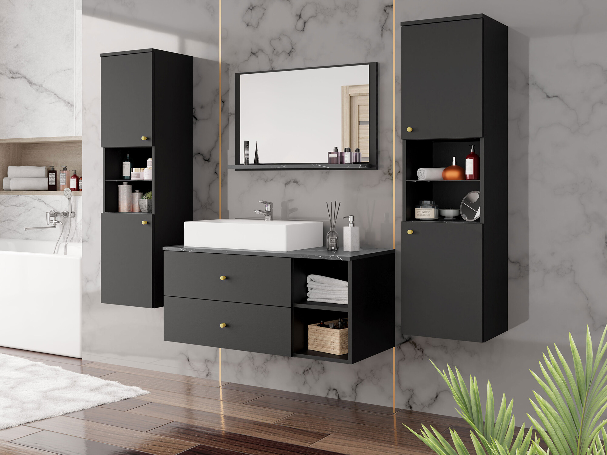 Conjunto de mueble de baño Salus III (Negro + Mármol negro)