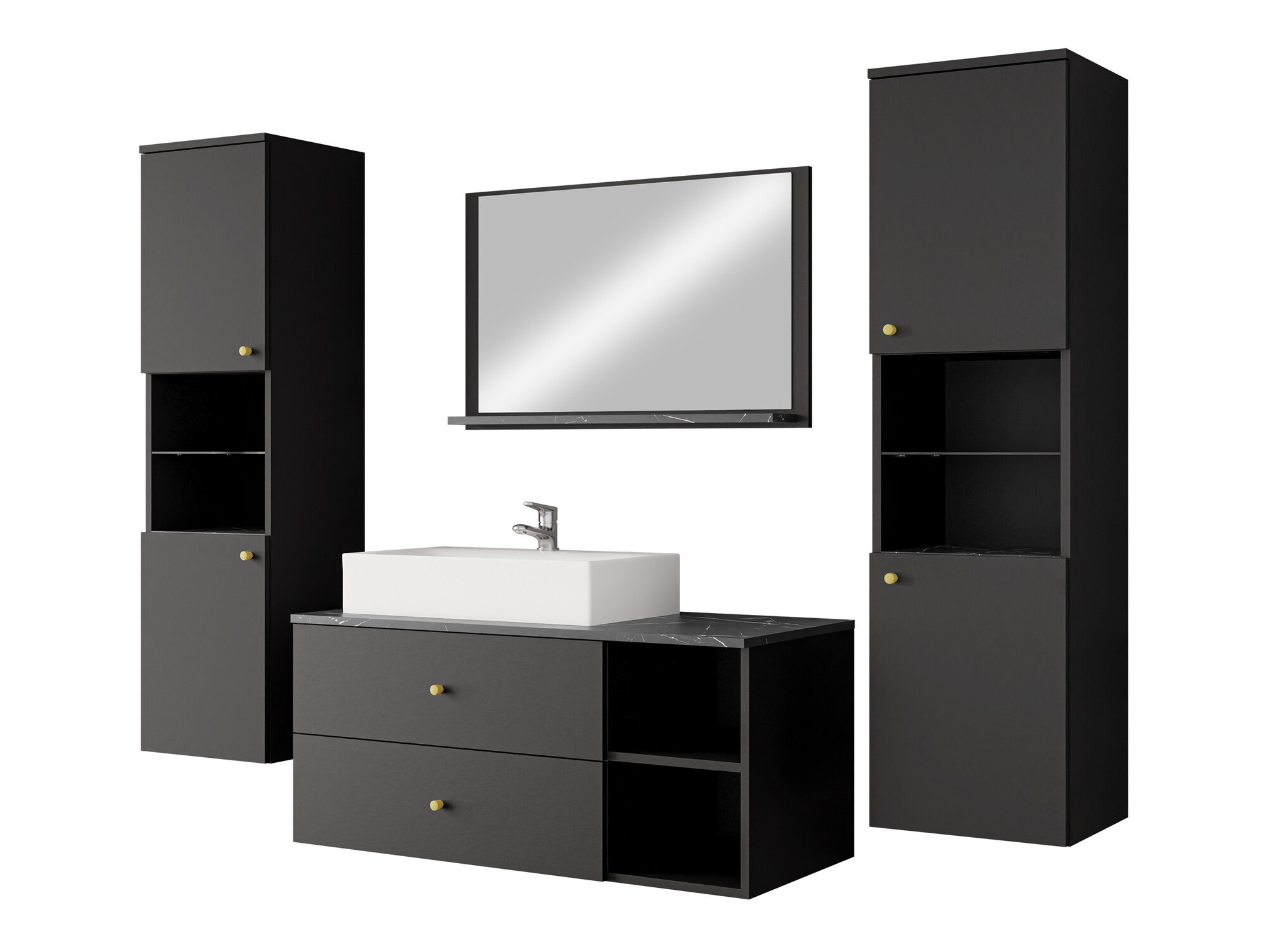 Conjunto de mueble de baño Salus III (Negro + Mármol negro)
