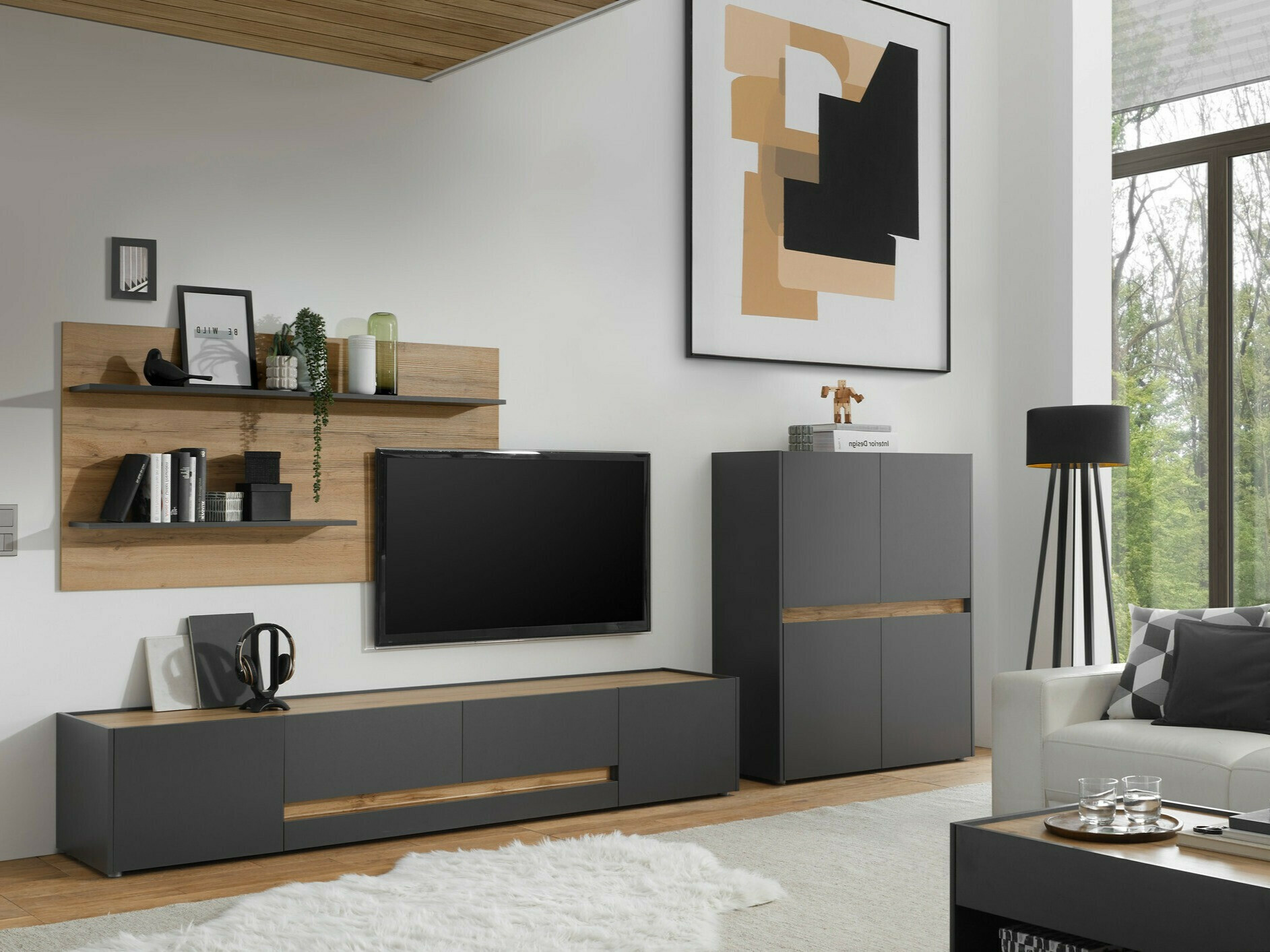 Conjunto de salón Elbsori 127 (Antracita + Roble wotan)