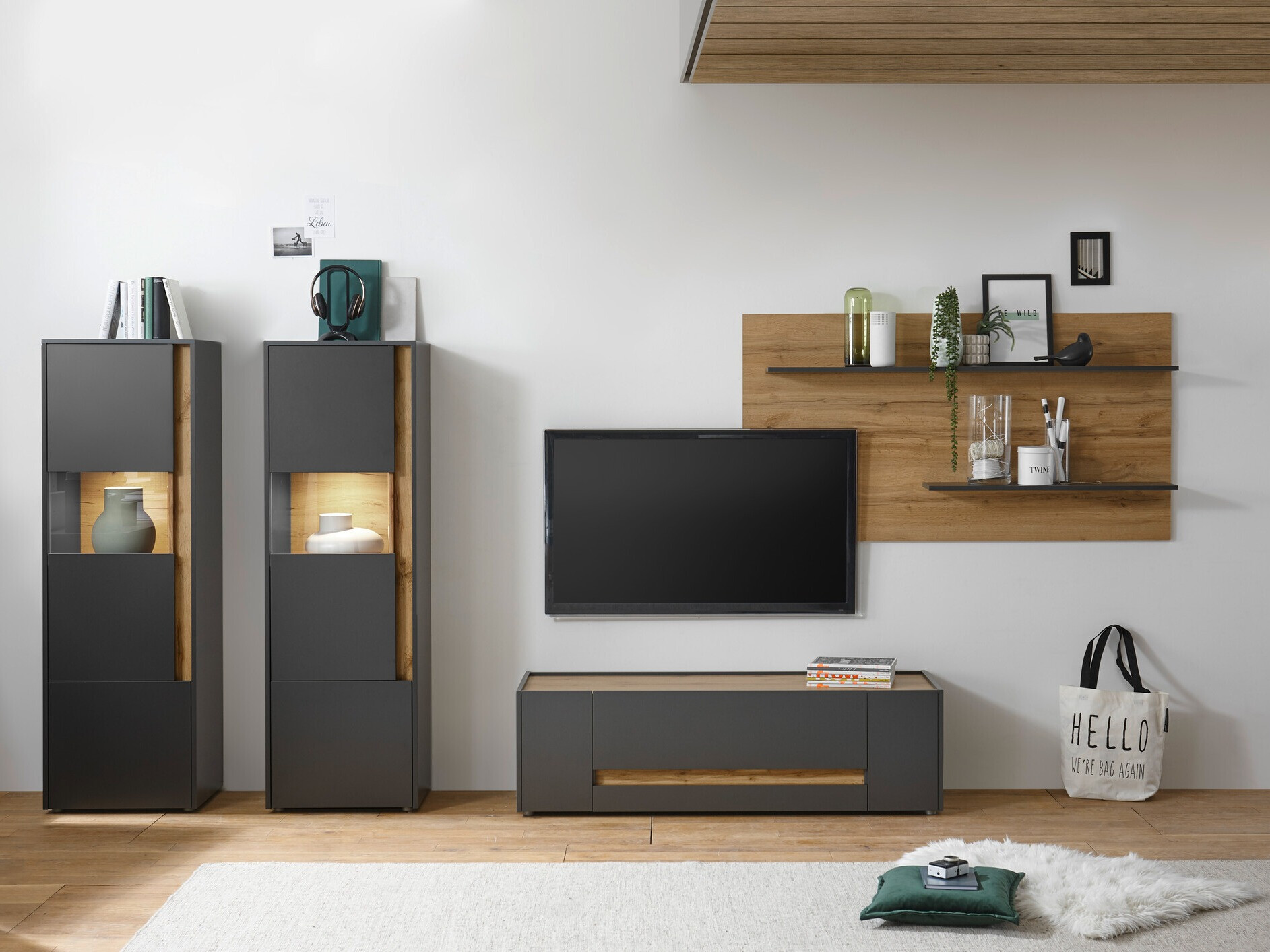 Conjunto de salón Elbsori 128 (Antracita + Roble wotan)