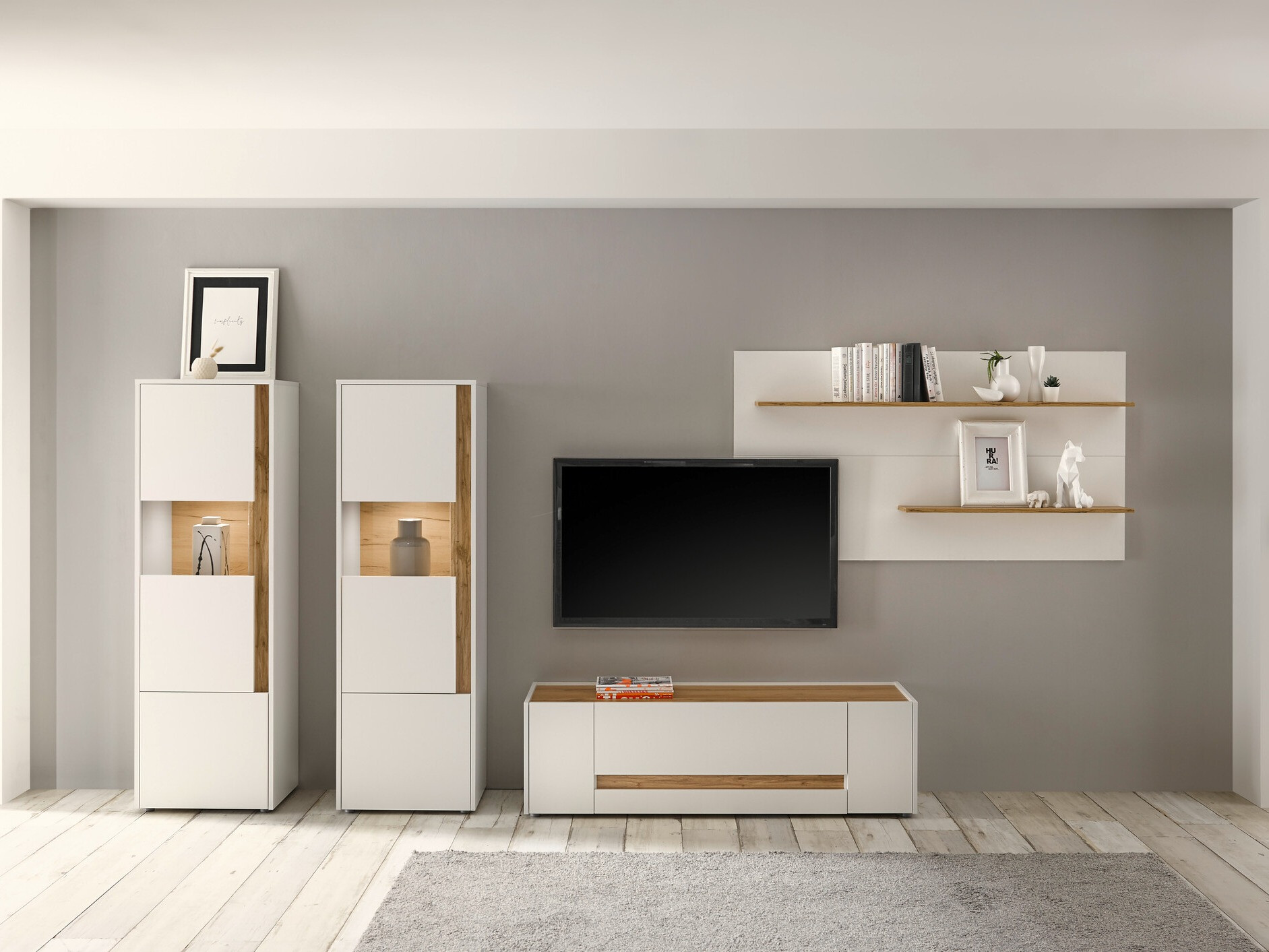 Conjunto de salón Elbsori 128 (Blanco + Roble wotan)