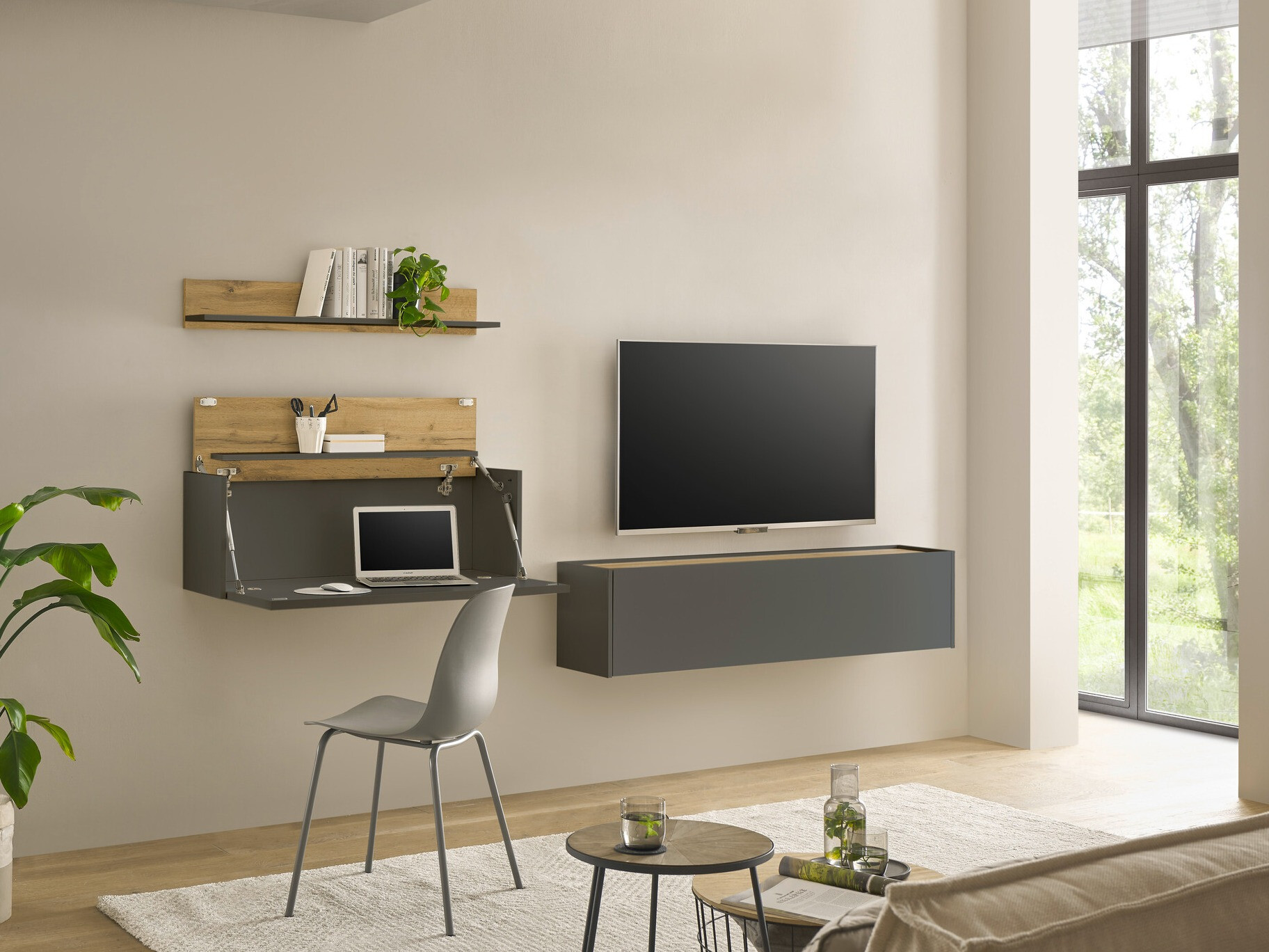 Conjunto de salón Elbsori 143 (Antracita + Roble wotan)