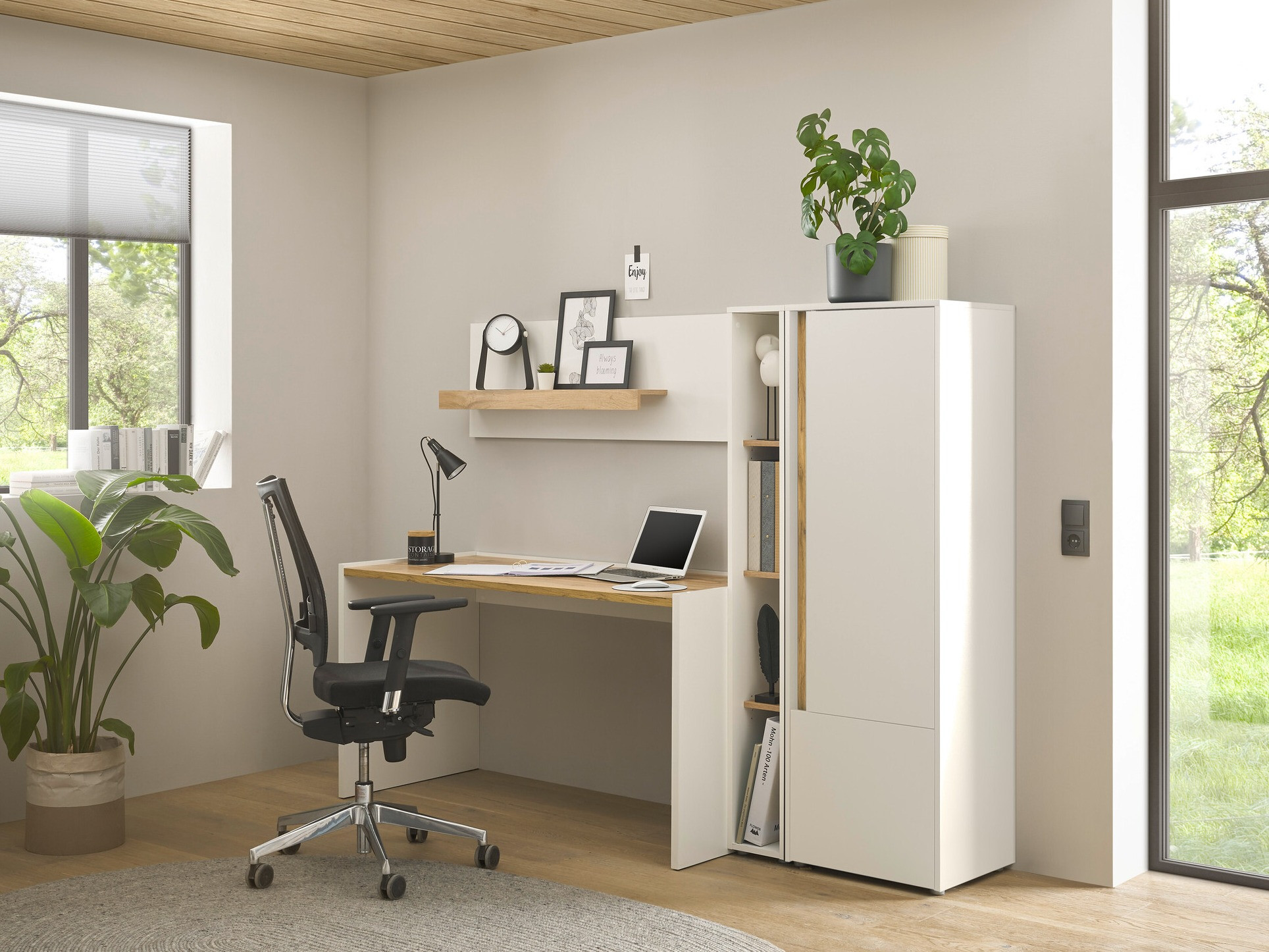 Conjunto para oficina en casa Elbsori 154 (Blanco + Roble wotan)