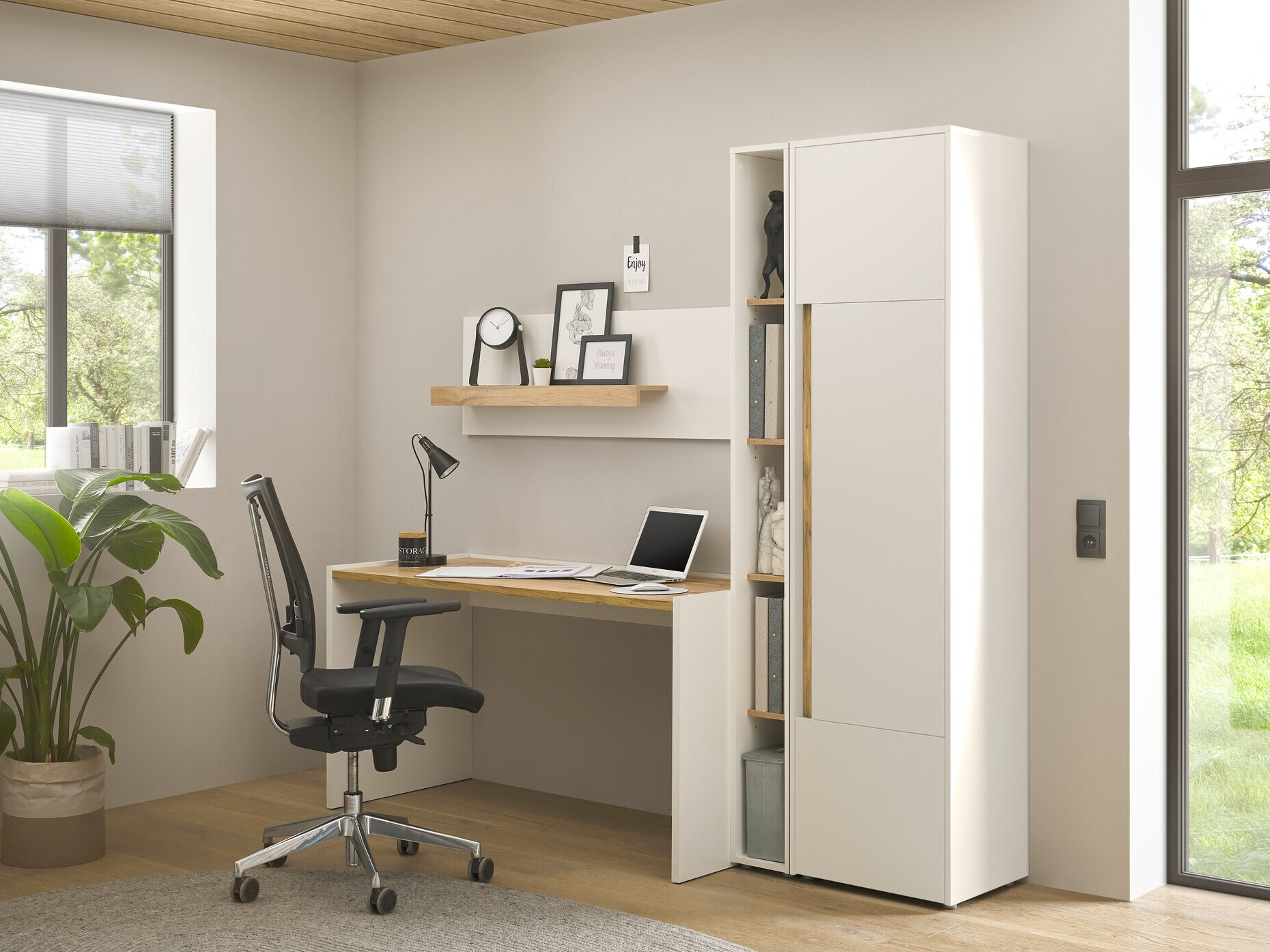 Conjunto para oficina en casa Elbsori 155 (Blanco + Roble wotan)