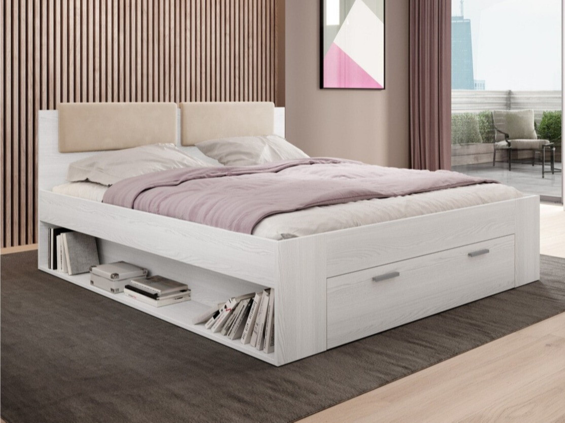 Cama Levruvu 106 (Fresno blanqueado + Beige)