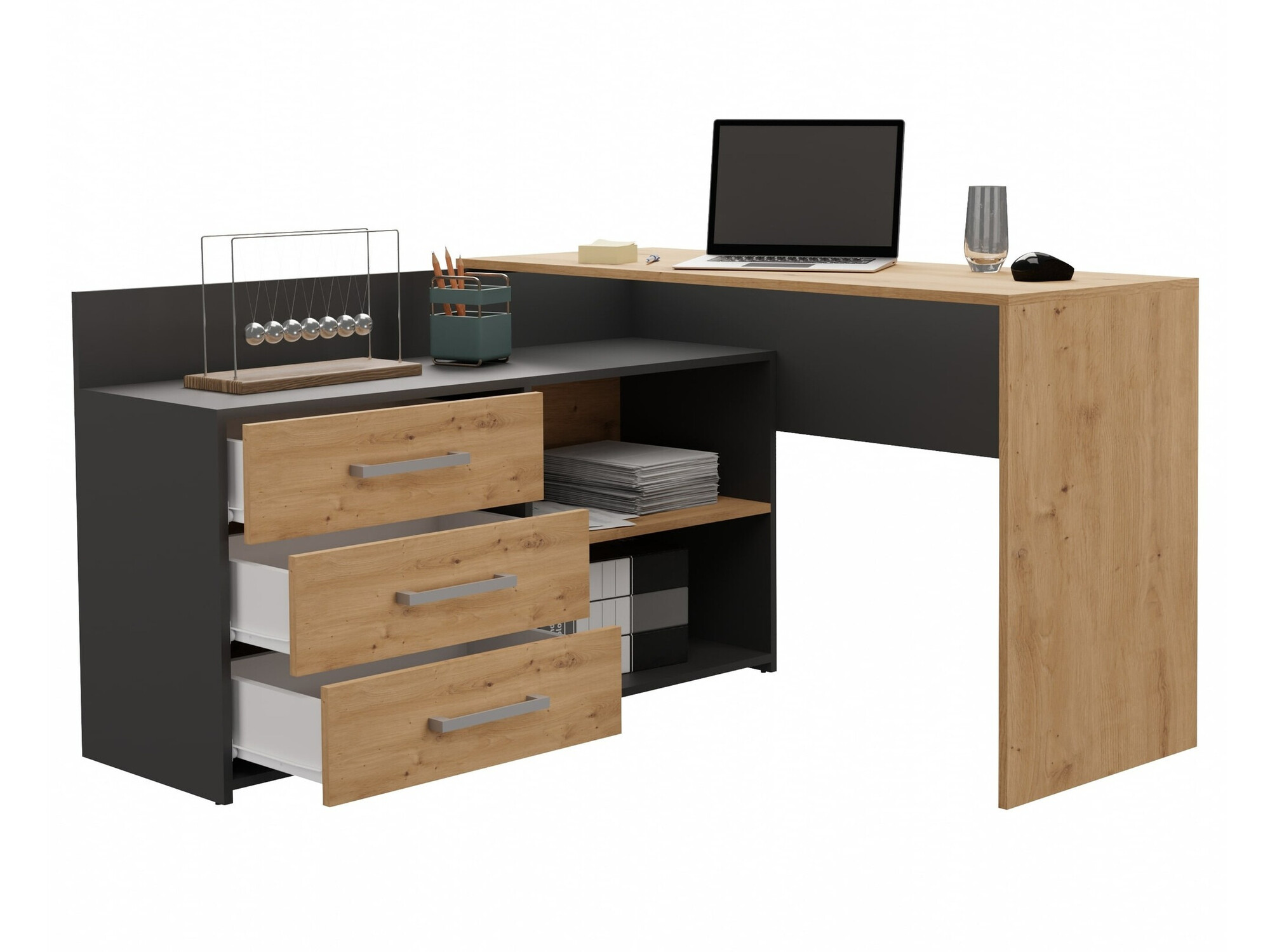 Escritorio esquinero Mandeville 131 (Antracita + Roble Artisan)