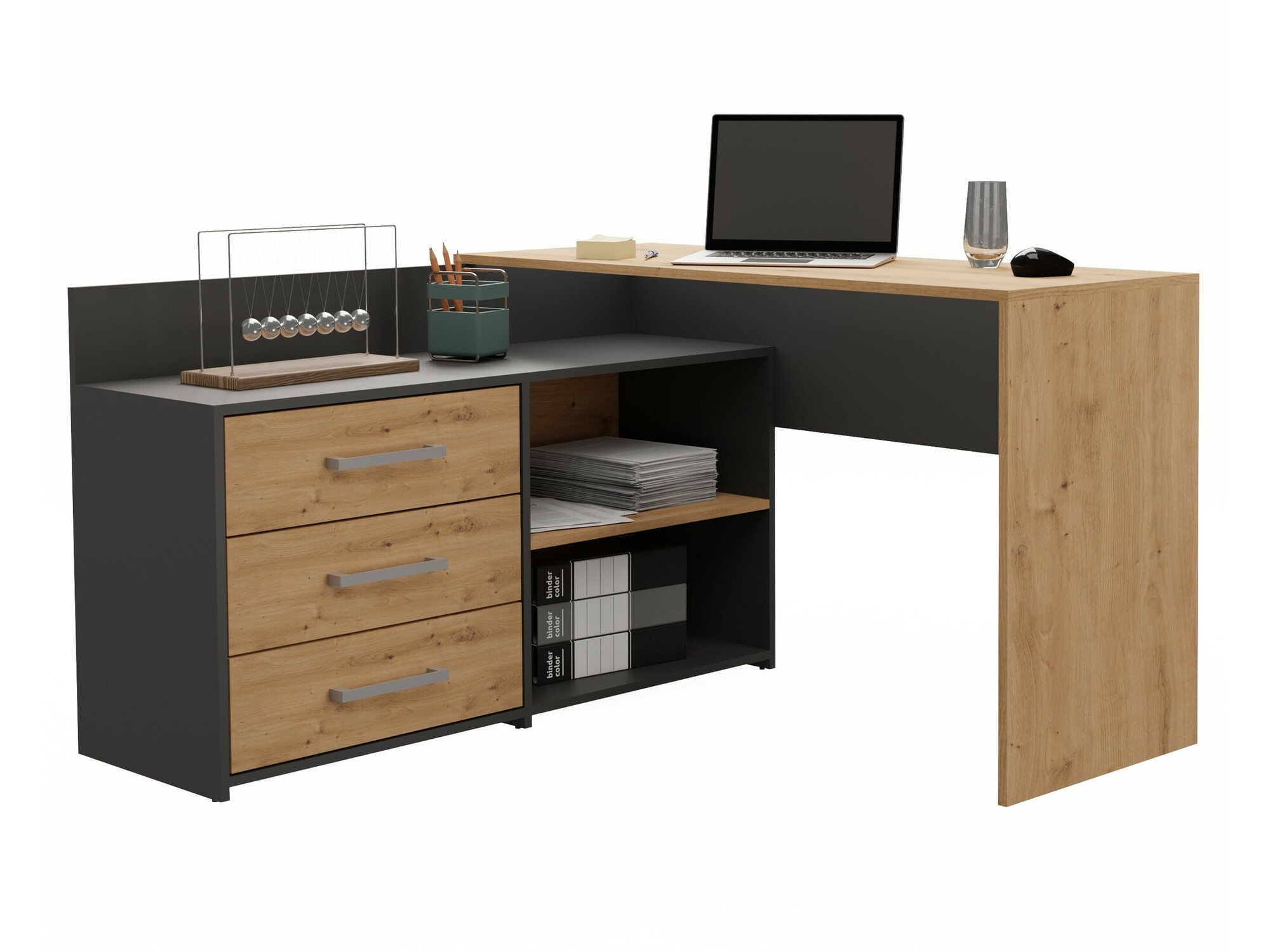 Mesa de ordenador esquinera Mandeville 131 (Antracita + Roble Artisan)