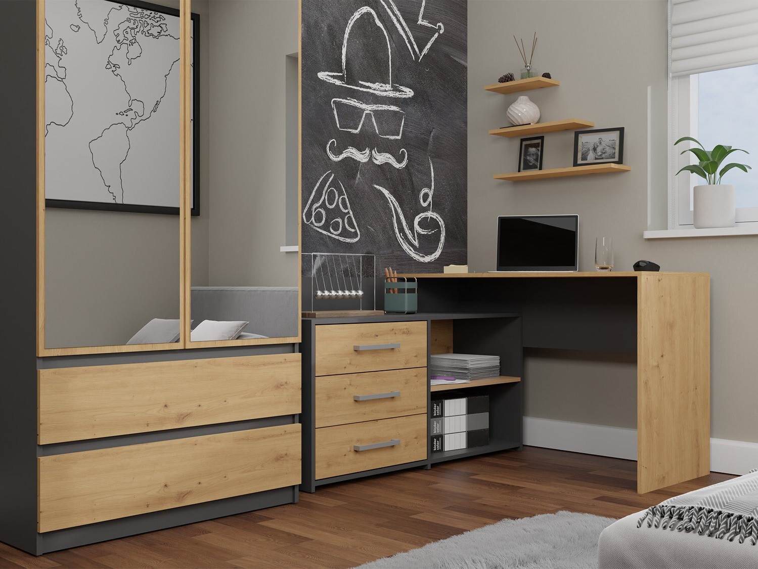 Mesa de ordenador esquinera Mandeville 131 (Antracita + Roble Artisan)