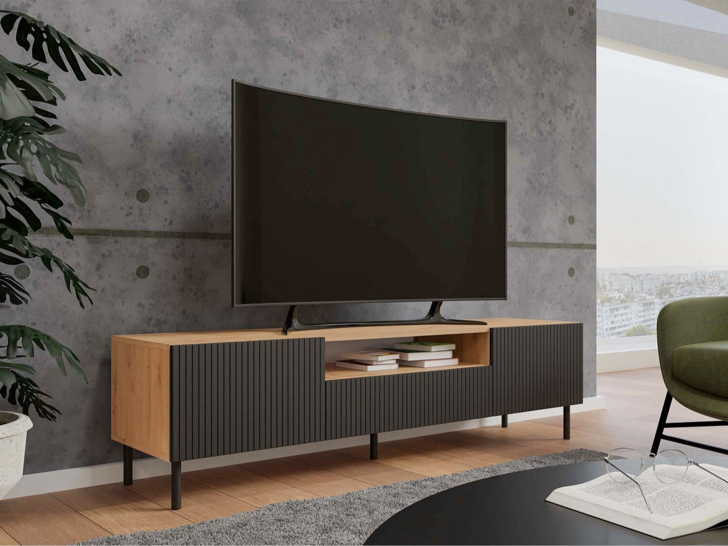 Mueble TV Romseru 105 (Negro + Roble Artisan)