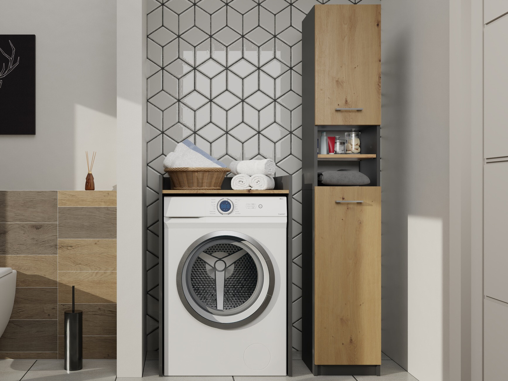 Armario de pie para baño Mandeville 152 (Antracita + Roble Artisan)