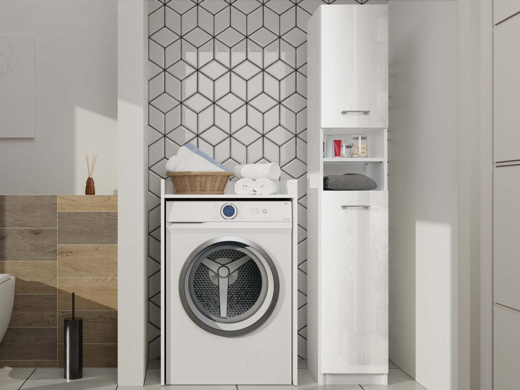 Armario de pie para baño Mandeville 152 (Blanco + Blanco gloss)