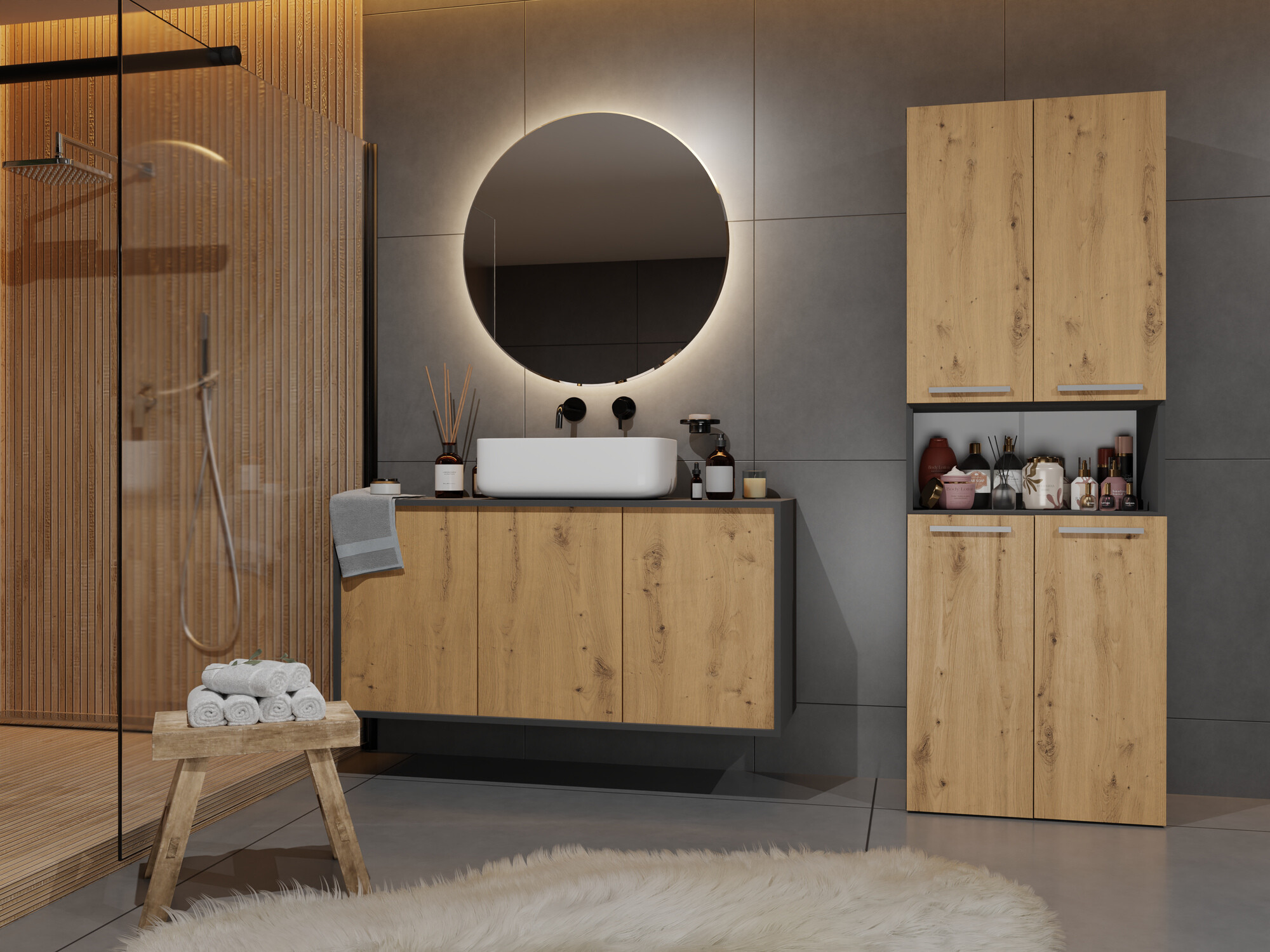 Armario de pie para baño Nolmaru 101 (Antracita + Roble Artisan)