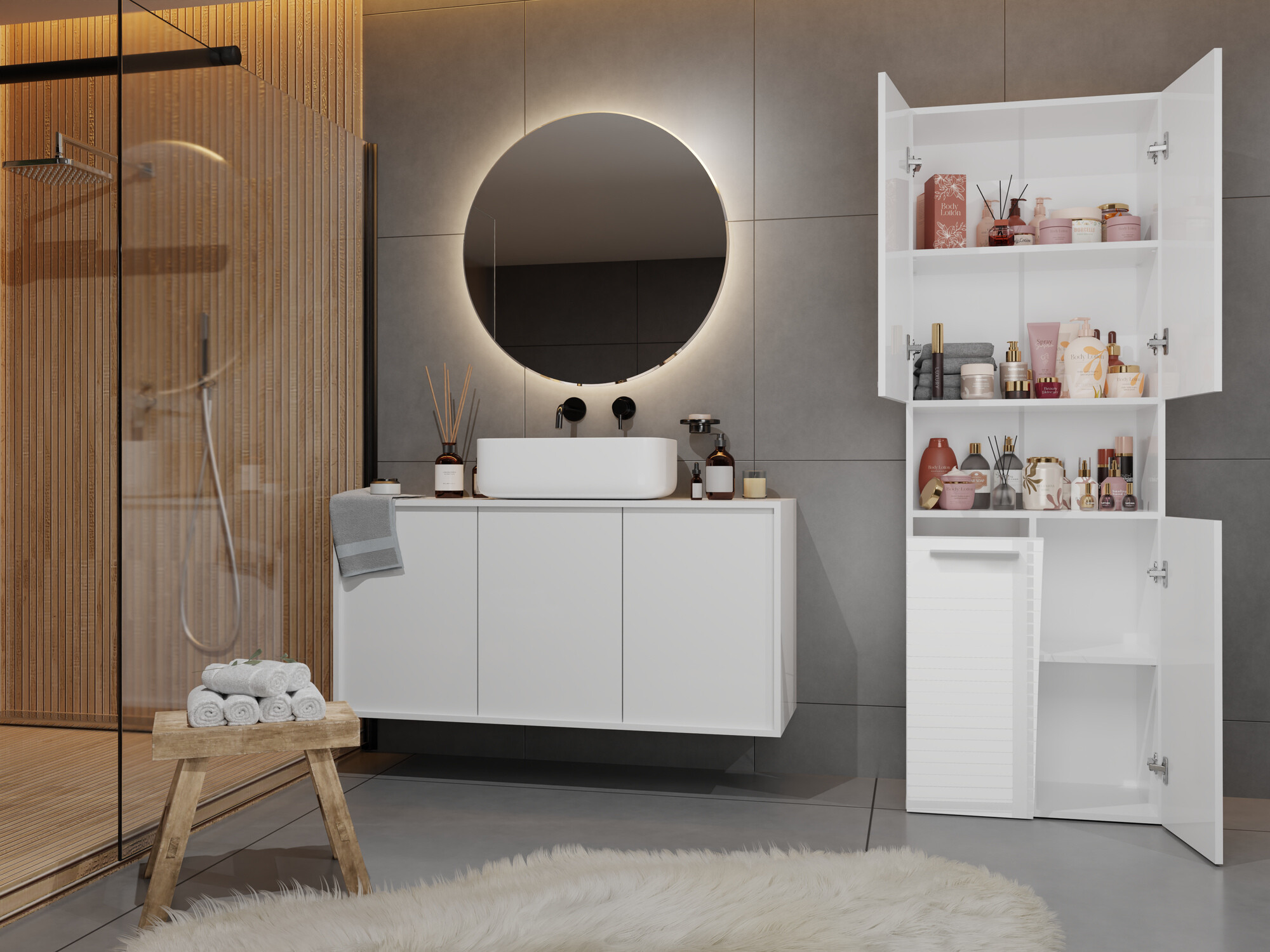 Armario de pie para baño Nolmaru 101 (Blanco + Blanco brillante)