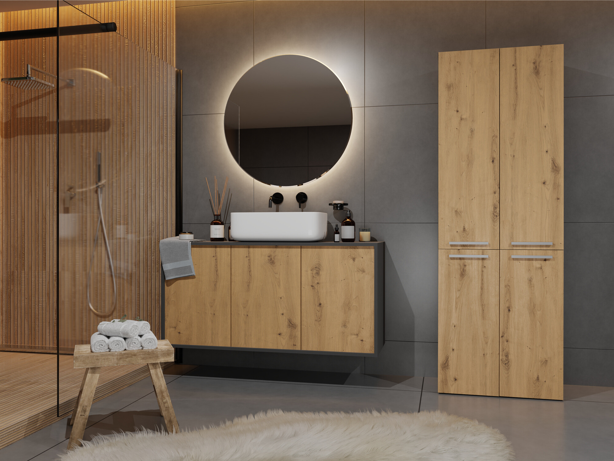 Armario de pie para baño Nolmaru 102 (Antracita + Roble Artisan)