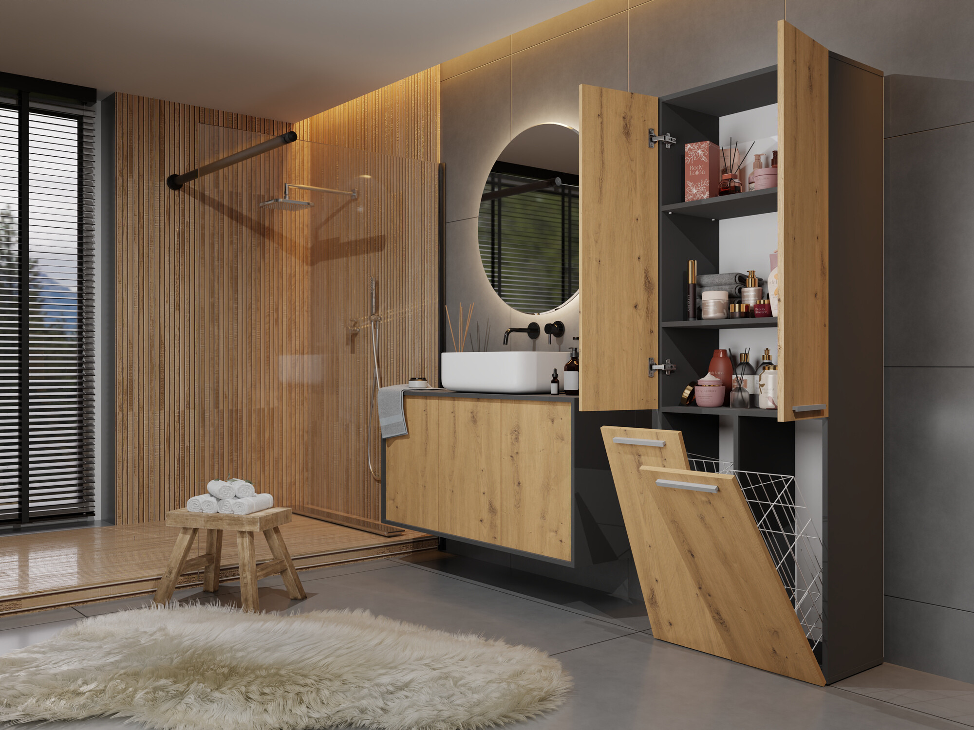 Armario de pie para baño Nolmaru 102 (Antracita + Roble Artisan)