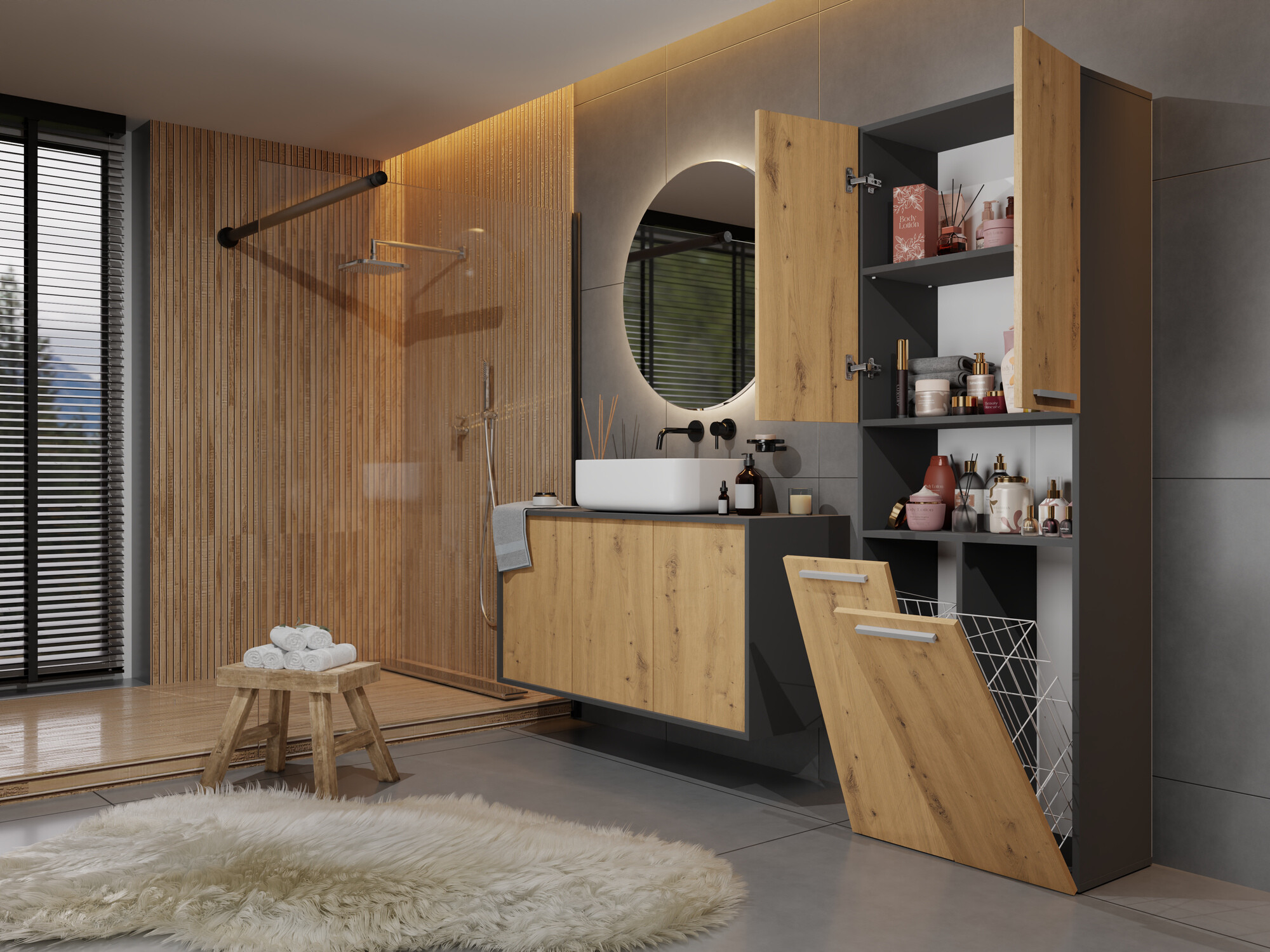 Armario de pie para baño Nolmaru 103 (Antracita + Roble Artisan)