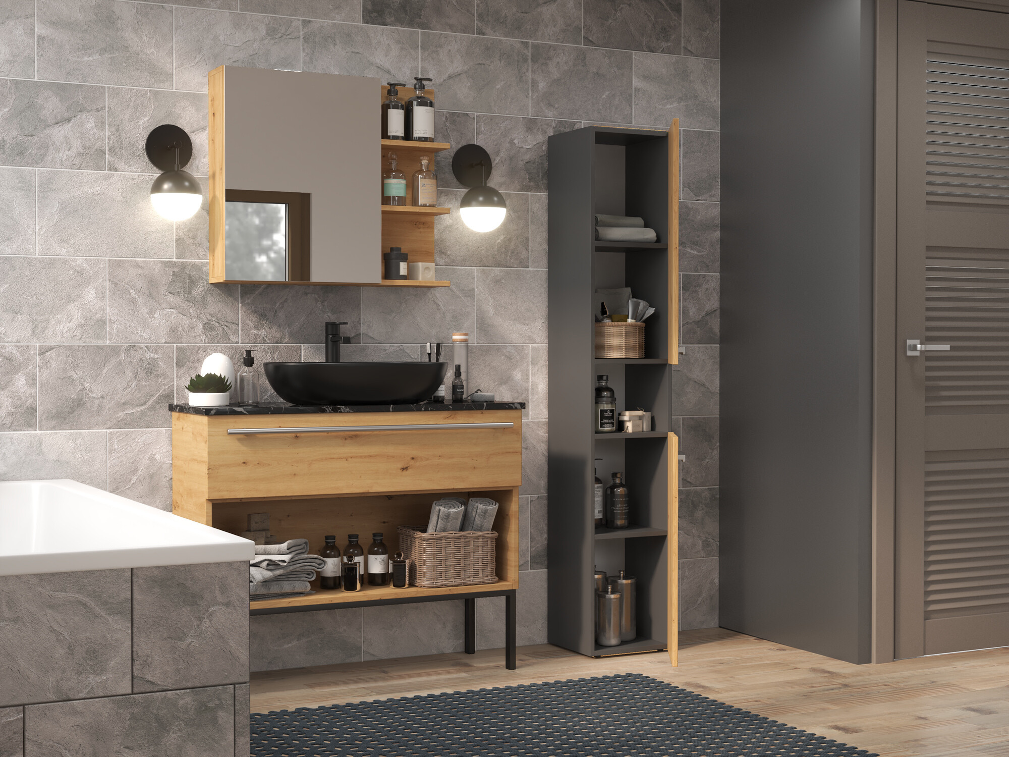 Armario de pie para baño Nolmaru 104 (Antracita + Roble Artisan)