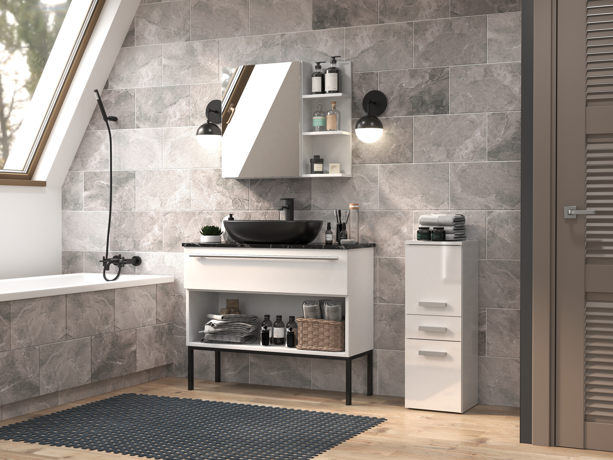 Armario de pie para baño Nolmaru 108 (Blanco + Blanco brillante)