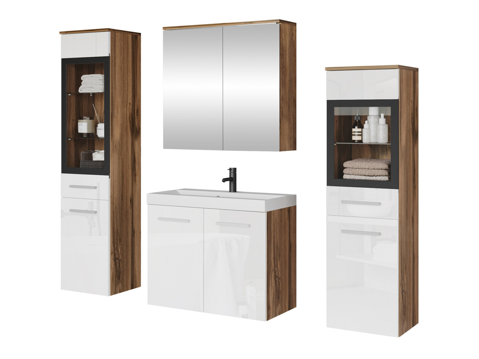 Conjunto de mueble de baño Scientia III (Blanco brillante + Roble wotan)