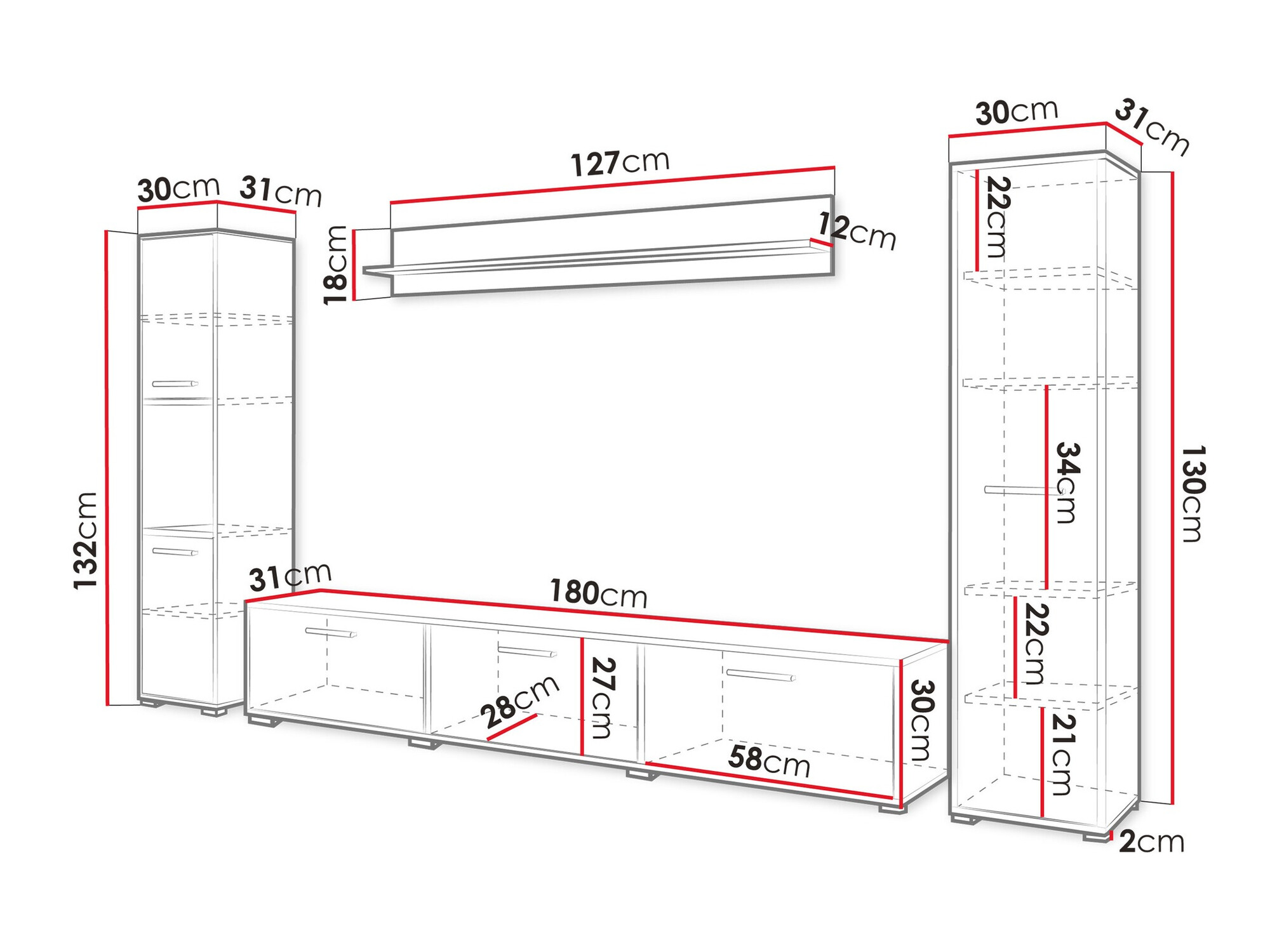 Conjunto de salón Sarasota 175 (Madera gris + Blanco brillante)