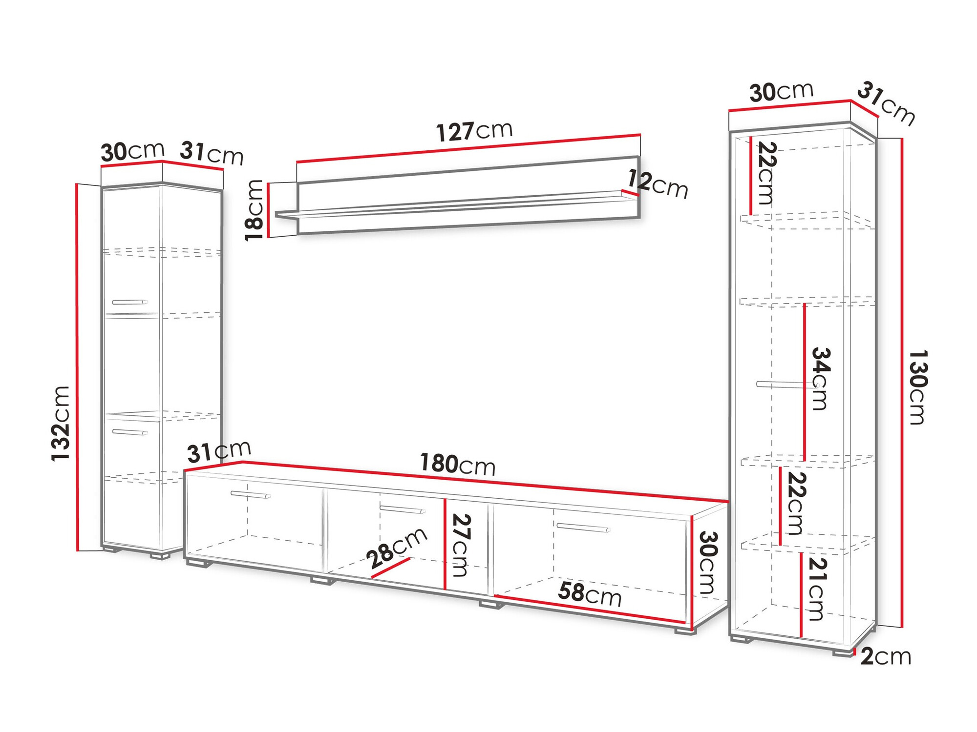 Conjunto de salón Sarasota 175 (Negro + Roble wotan)