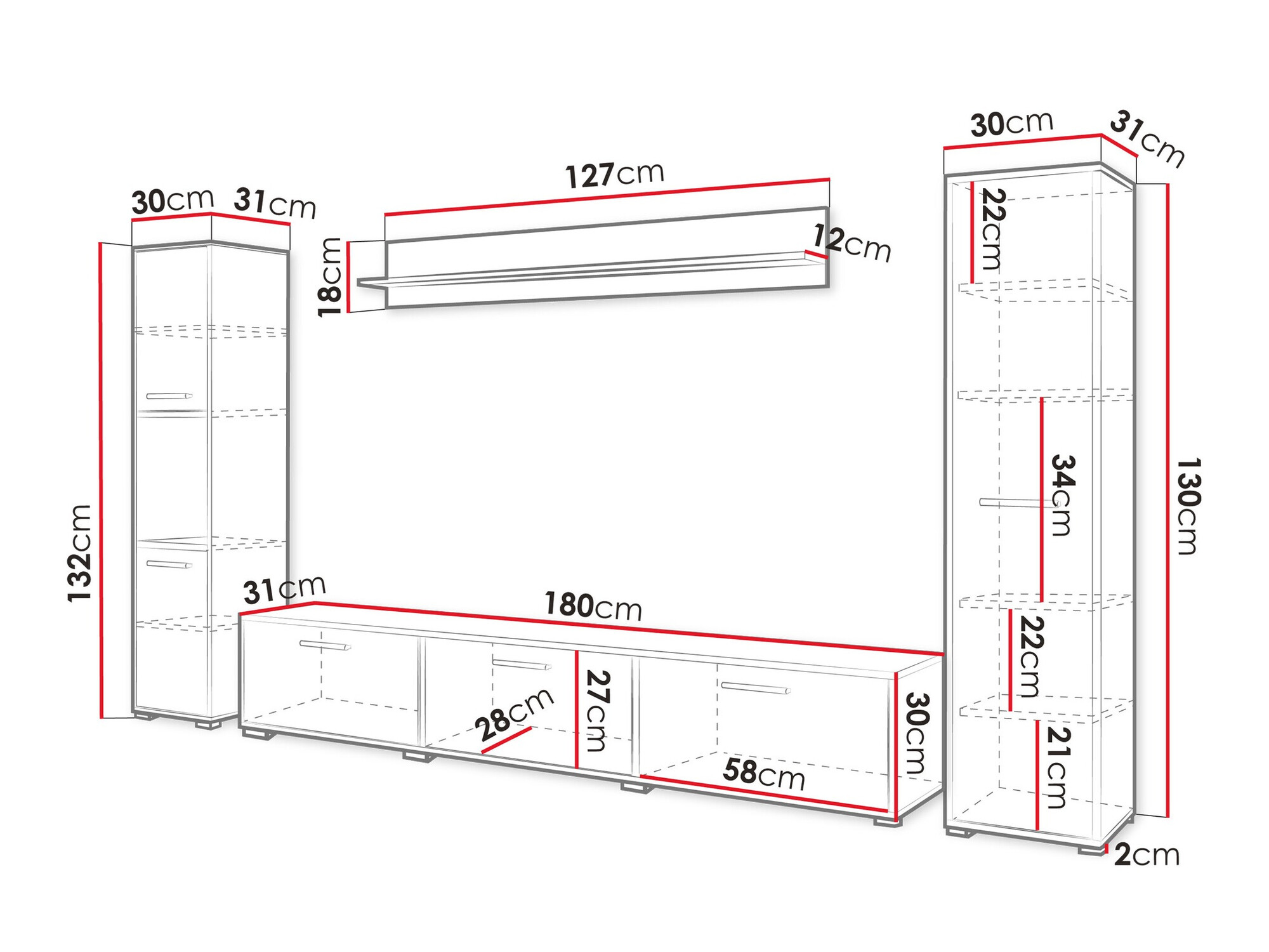 Conjunto de salón Sarasota 175 (Roble wotan + Blanco brillante)