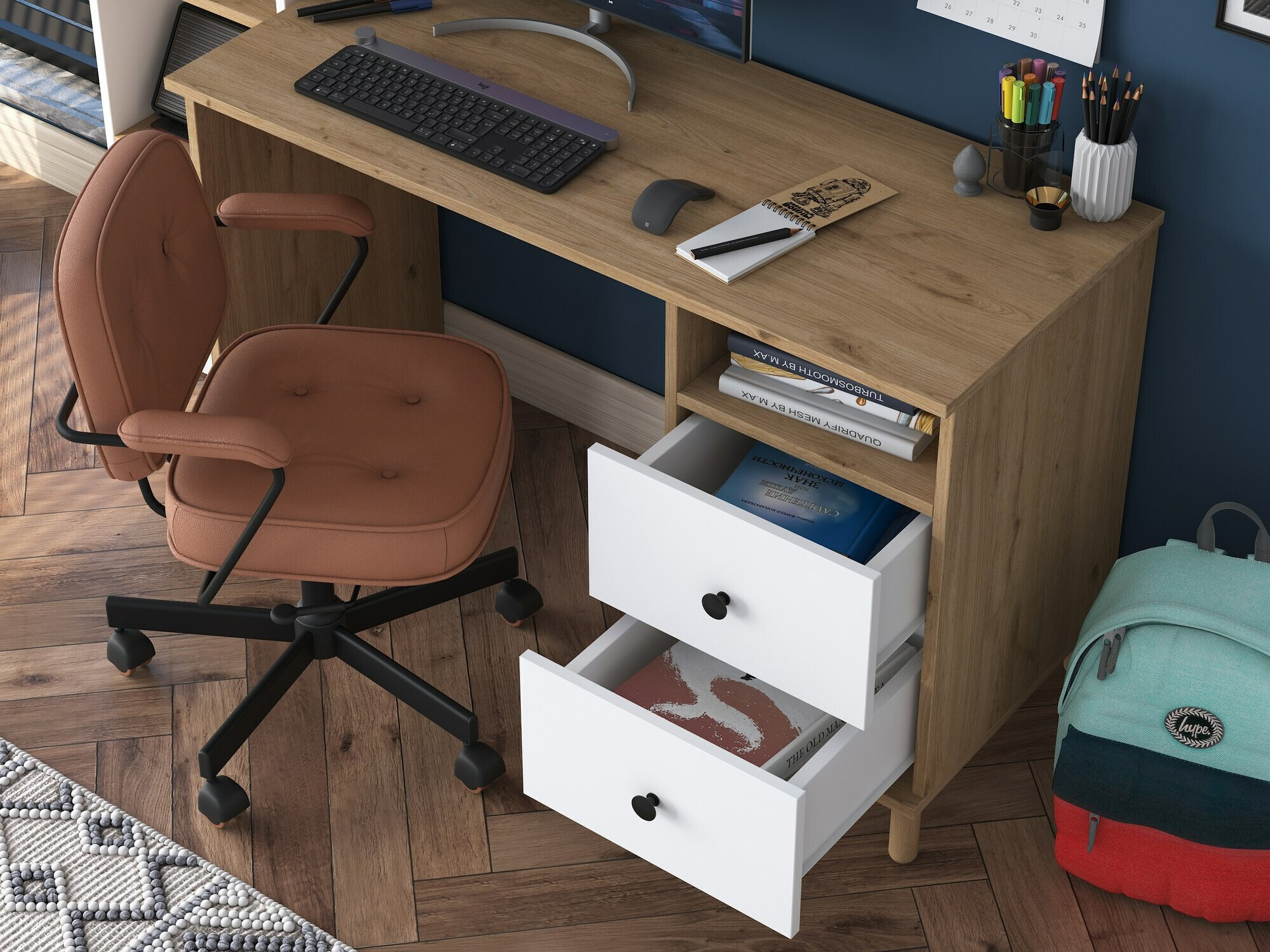 Conjunto para oficina en casa Catdelu 107 (Nogal + Blanco)