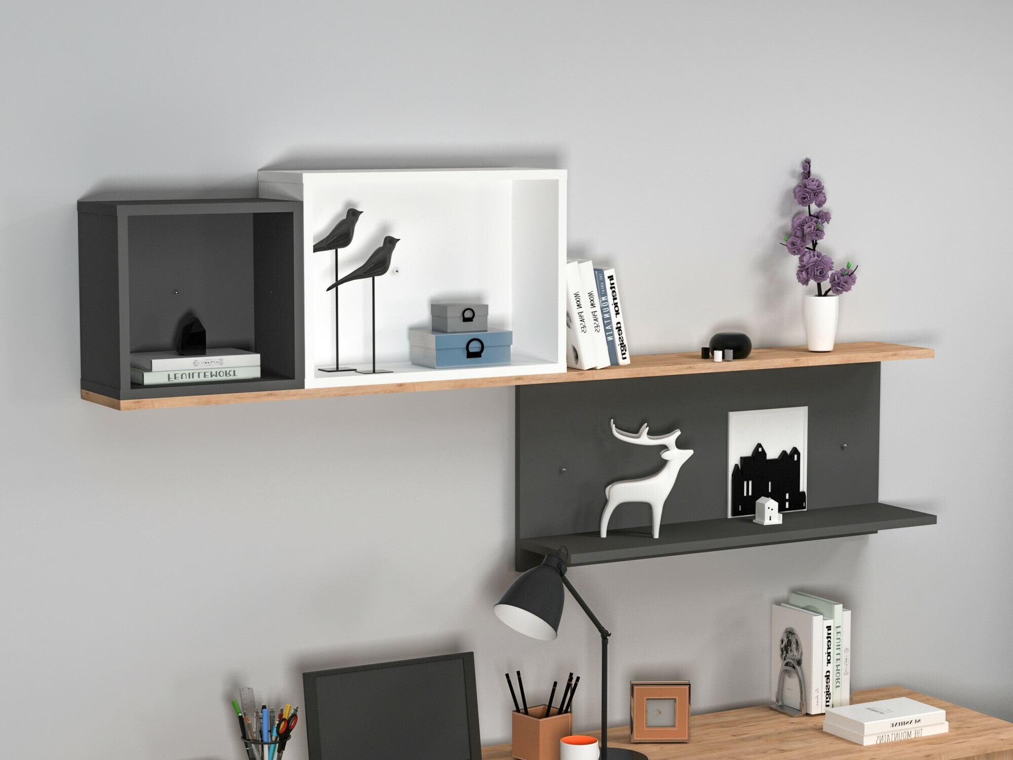 Estantería de pared Kailua 2184 (Blanco + Antracita + Pino)