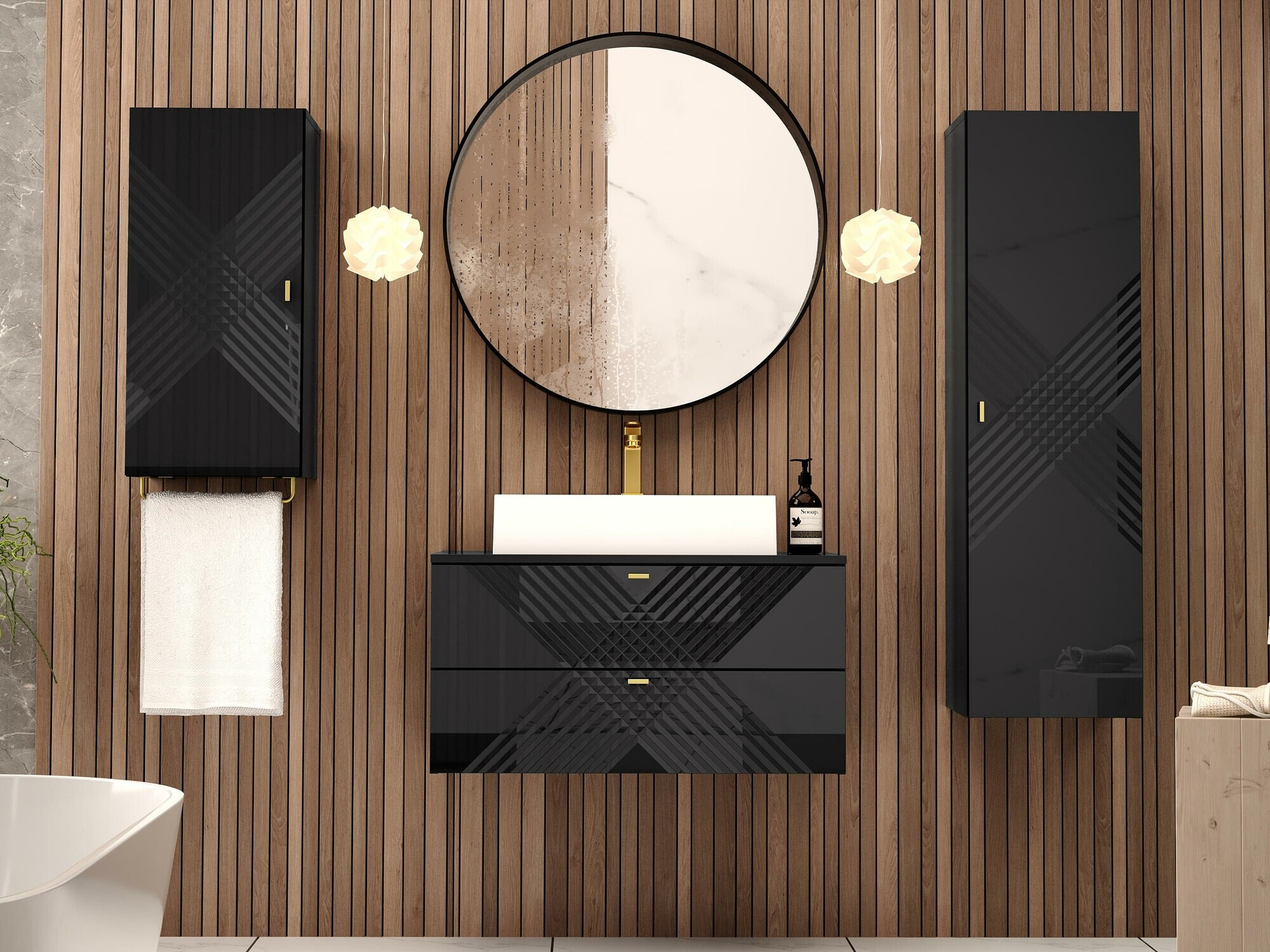Armario colgante para baño Natar (Negro + Negro brillante)