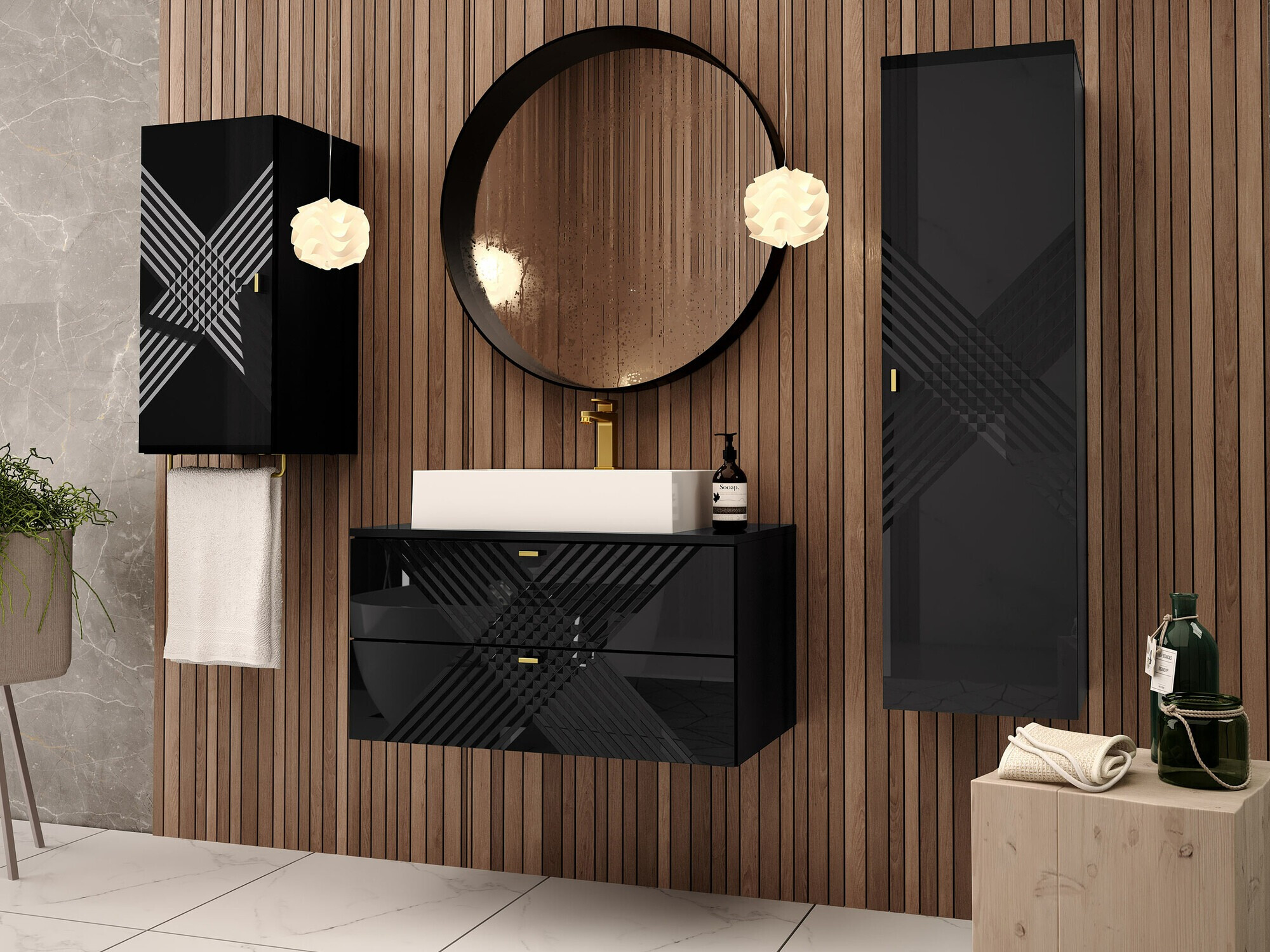 Armario colgante para baño Natar (Negro + Negro brillante)