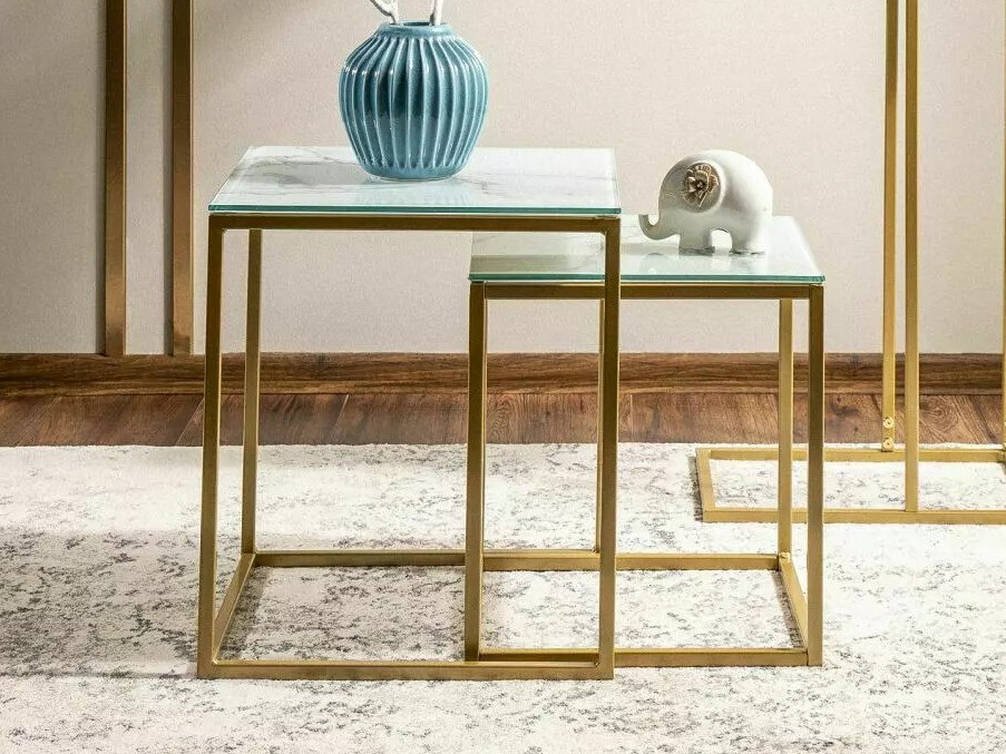 Conjunto mesa de centro Detroit 431 (Dorado + Mármol blanco)