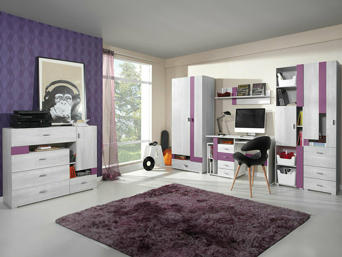 Conjunto de dormitorio infantil Omaha D143 (Púrpura + Pino blanqueado)