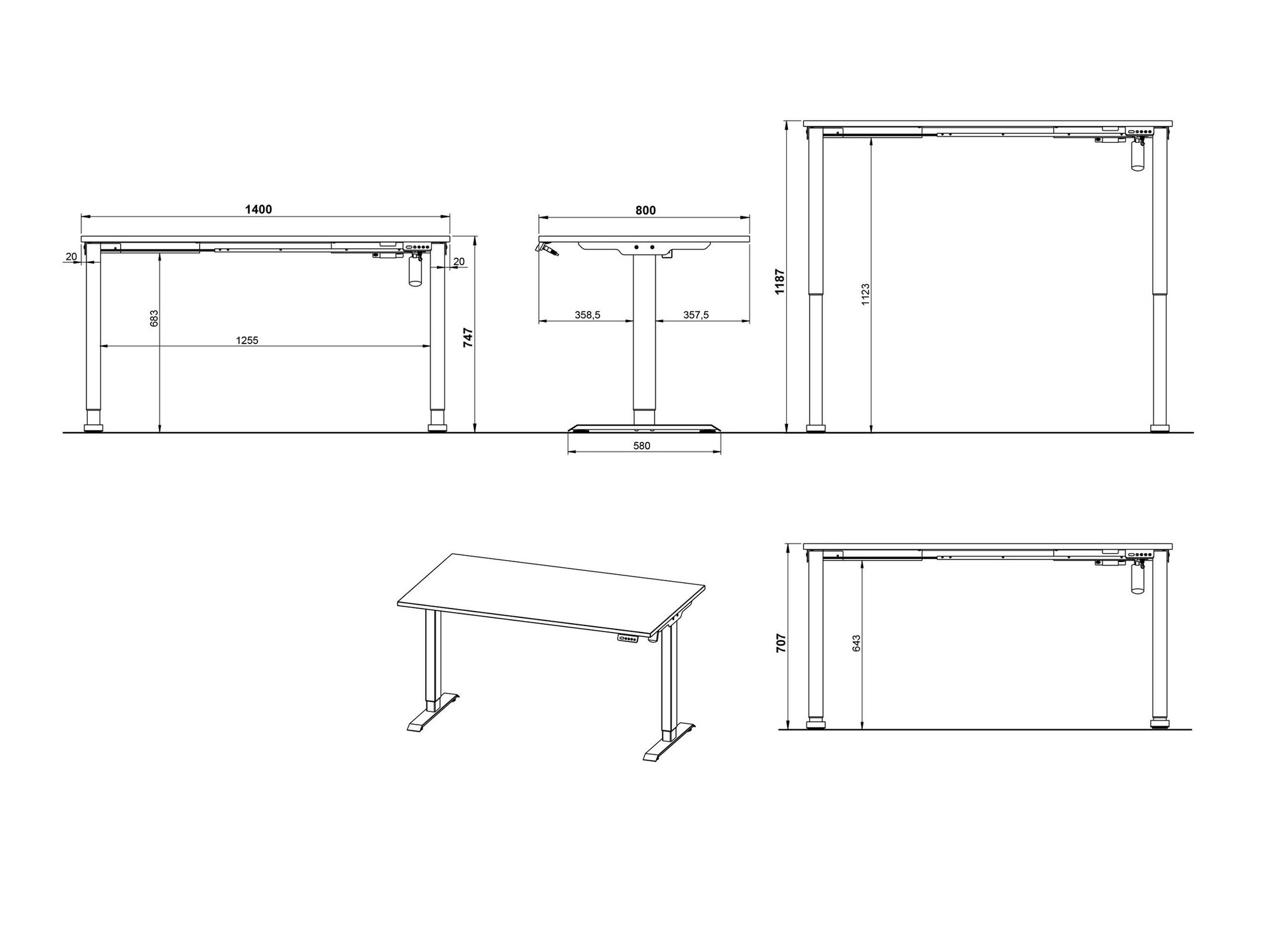 Escritorio de altura regulable Lartesi 117 (Blanco + Negro)