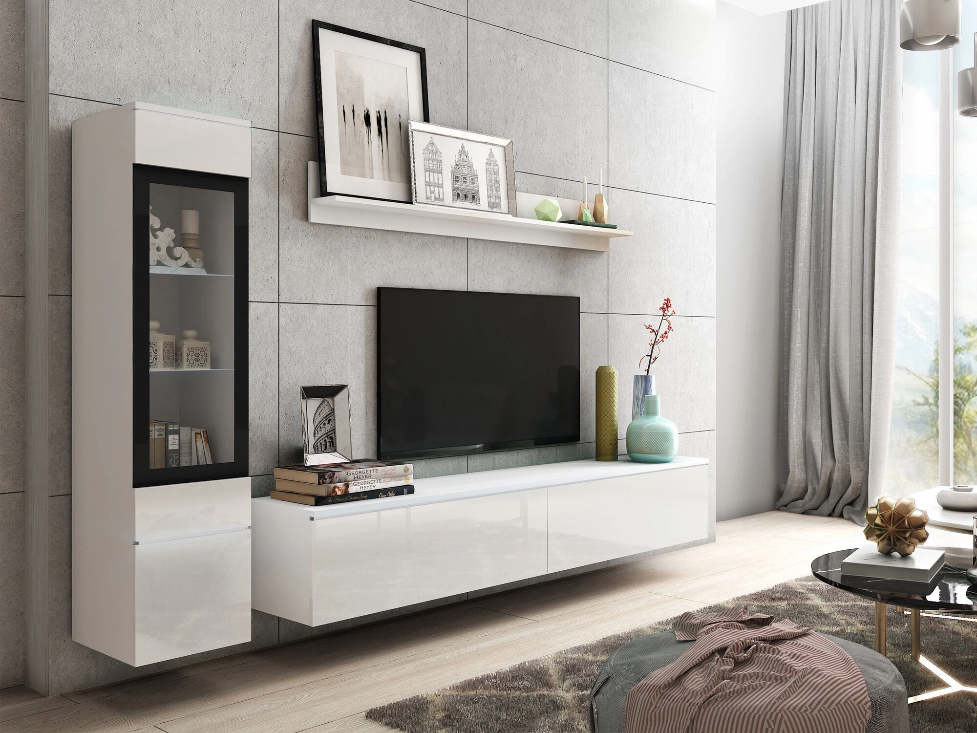 Conjunto de salón Mirfivo 100 (Blanco + Blanco brillante)