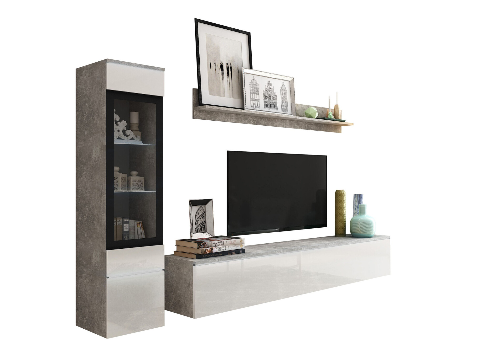 Conjunto de salón Mirfivo 100 (Hormigón + Blanco brillante)