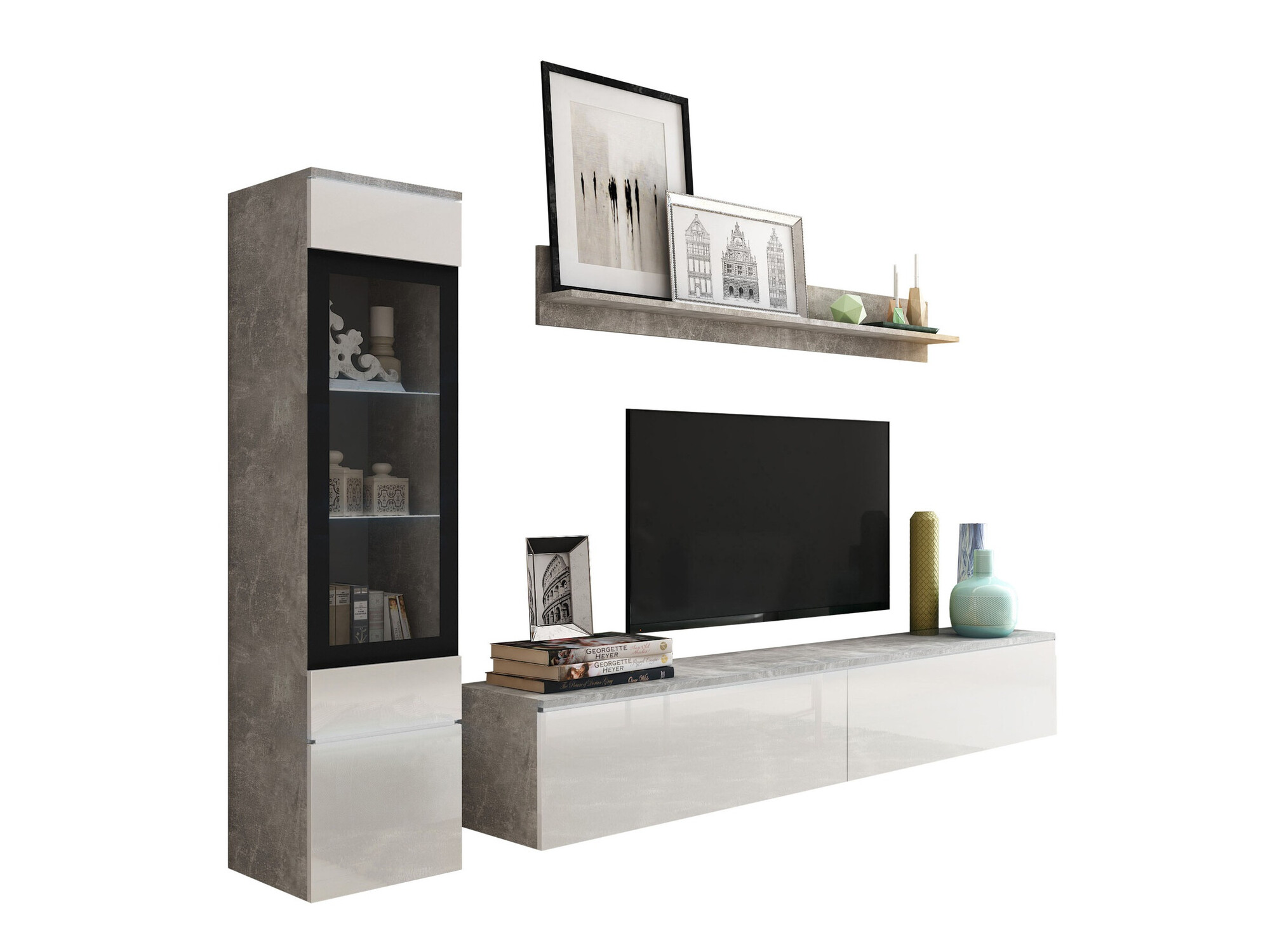 Conjunto de salón Mirfivo 100 (Hormigón + Blanco brillante)