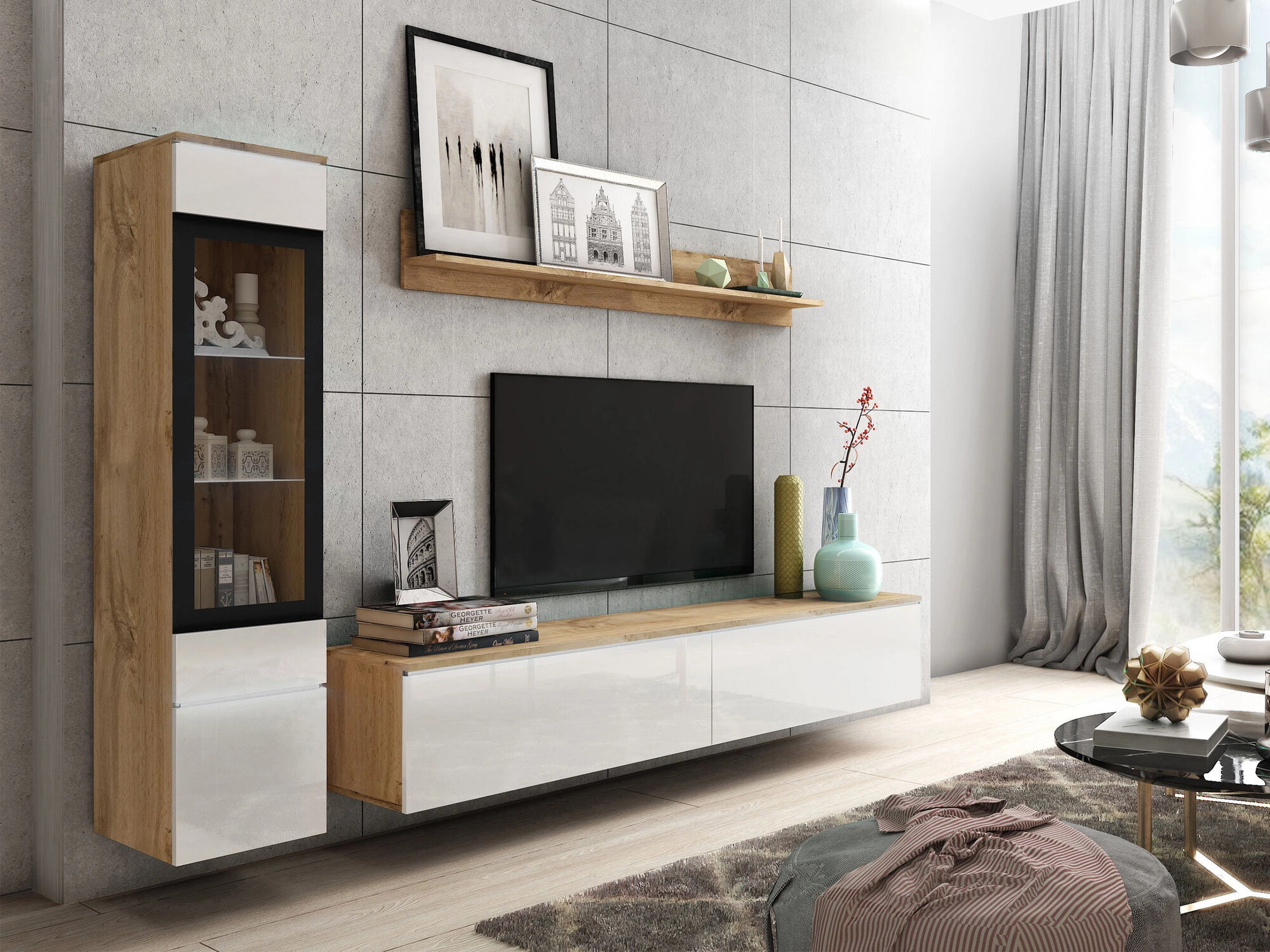 Conjunto de salón Mirfivo 100 (Roble wotan + Blanco brillante)