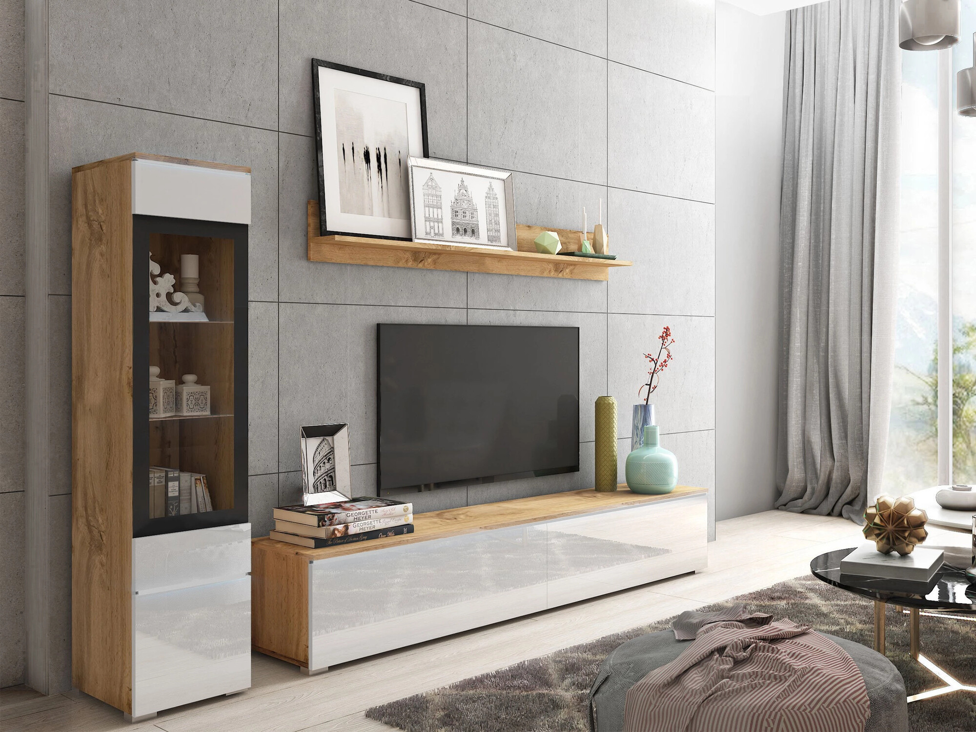 Conjunto de salón Mirfivo 100 (Roble wotan + Blanco brillante)