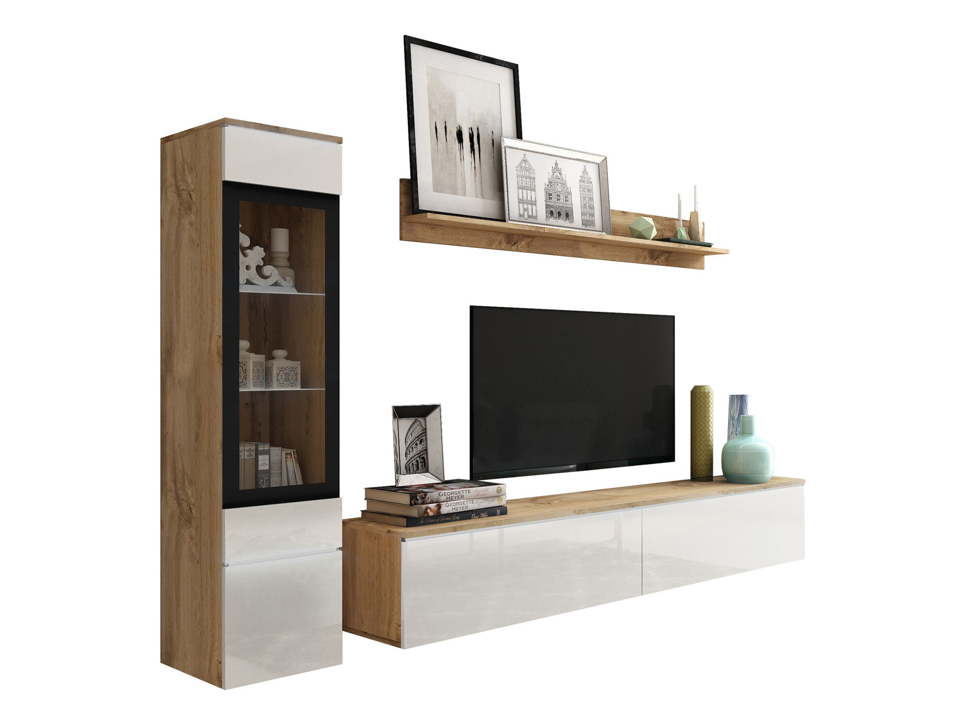 Conjunto de salón Mirfivo 100 (Roble wotan + Blanco brillante)