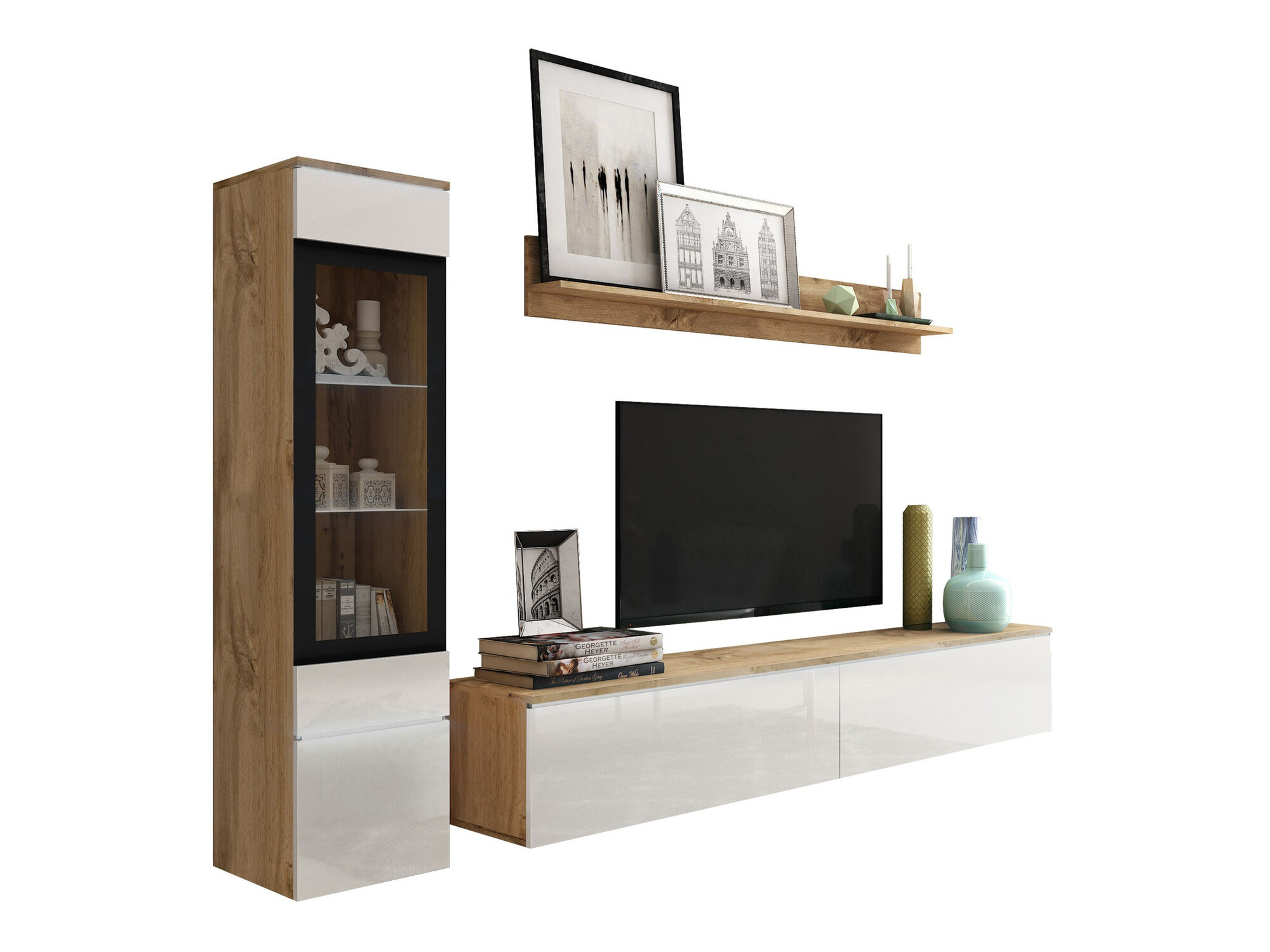 Conjunto de salón Mirfivo 100 (Roble wotan + Blanco brillante)